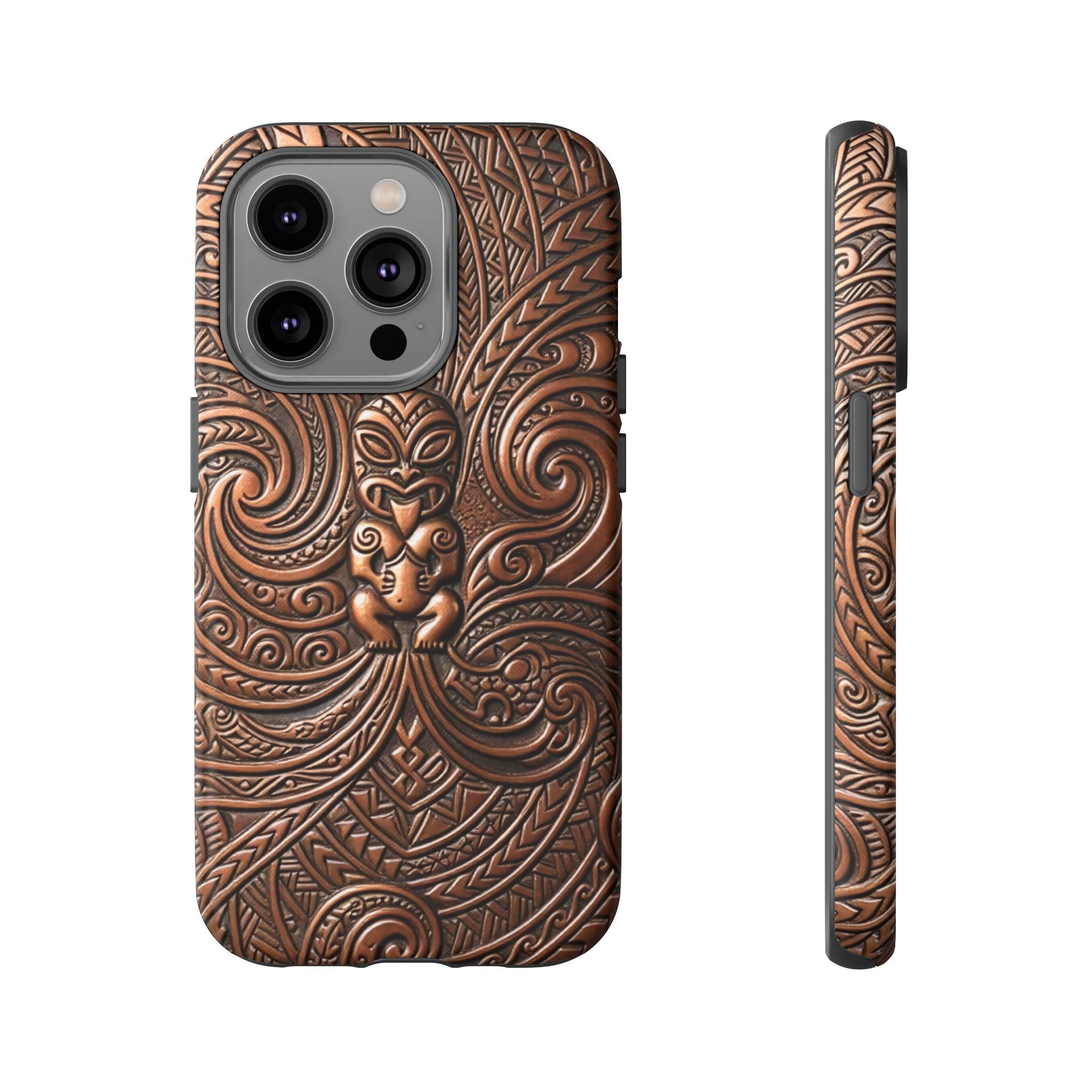 Paa Guardian Tough iPhone Case Detail View - Hawaiian Copper Carved Tiki Polynesian Design Close Up - The Local Banyan