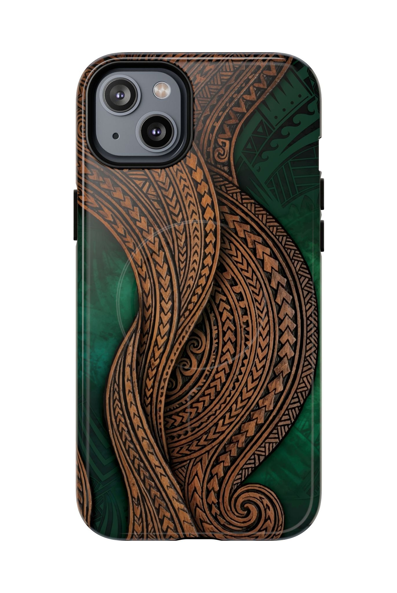 Island Kalai MagSafe iPhone Case iPhone 14 Plus Glossy - Hawaiian Carved Wood Grain Emerald Green Tribal Design - The Local Banyan