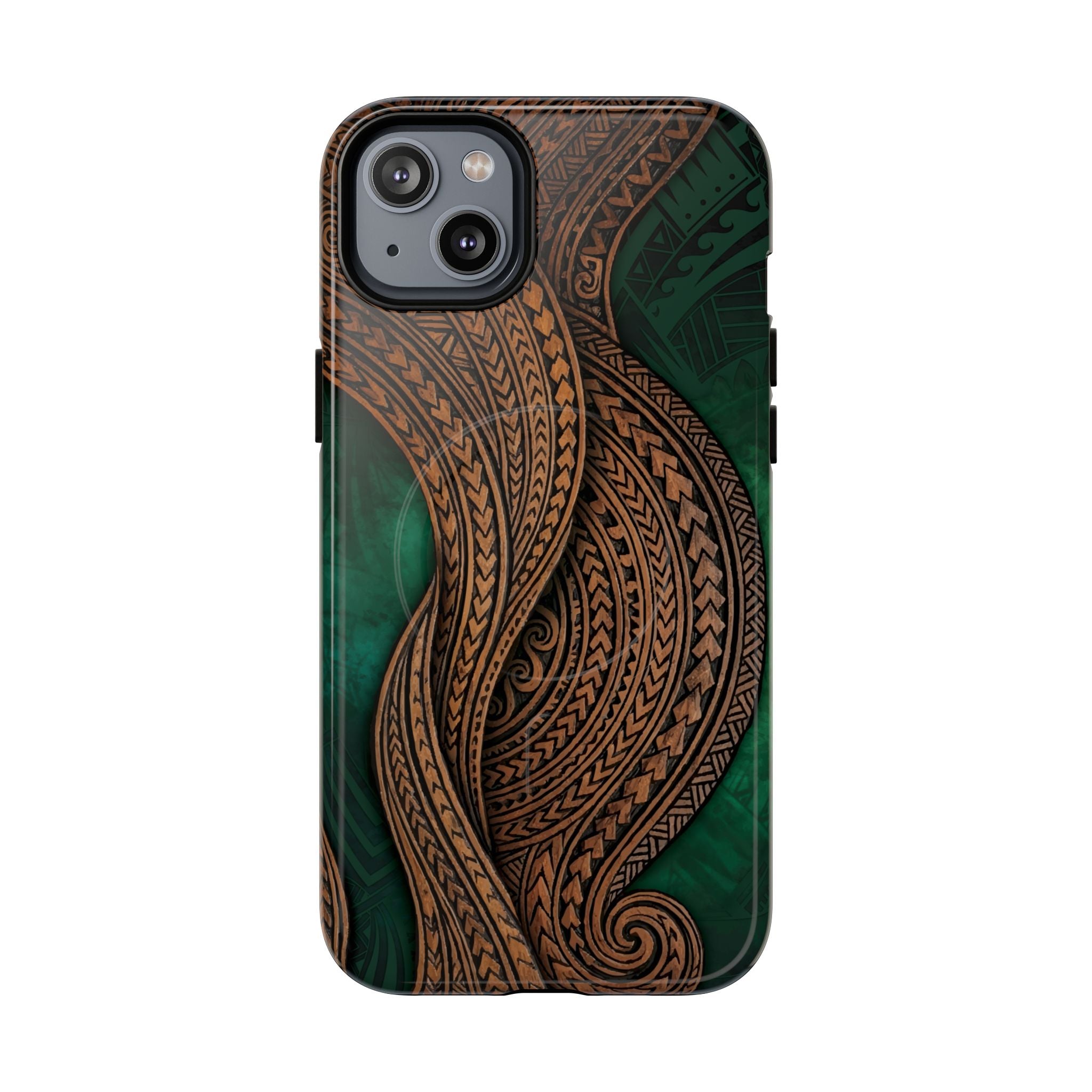 Island Kalai MagSafe iPhone Case iPhone 14 Plus Glossy - Hawaiian Carved Wood Grain Emerald Green Tribal Design - The Local Banyan