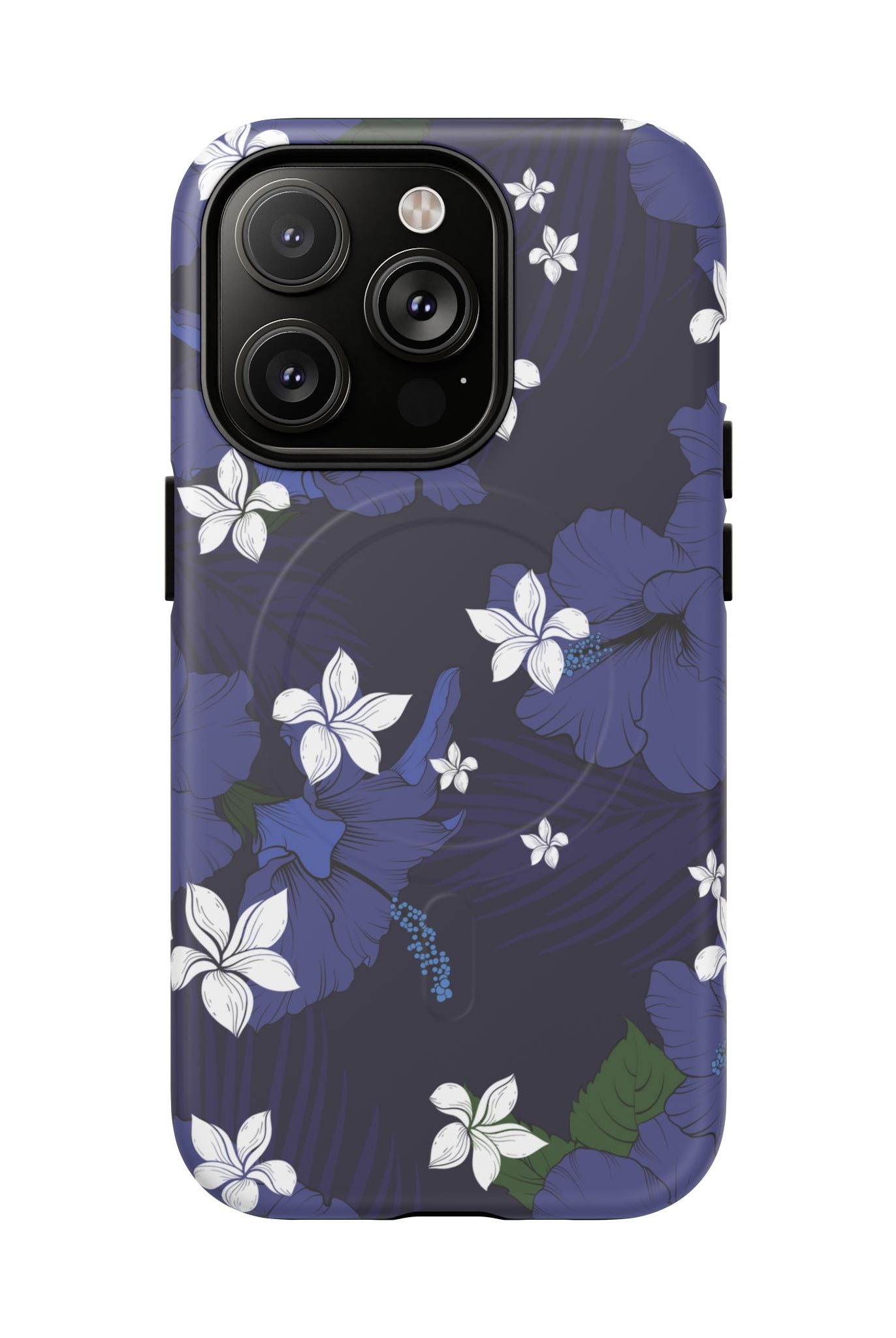 Vintage Blue MagSafe iPhone Case iPhone 14 Pro Matte - Hawaiian Indigo Hibiscus White Plumeria Design - The Local Banyan