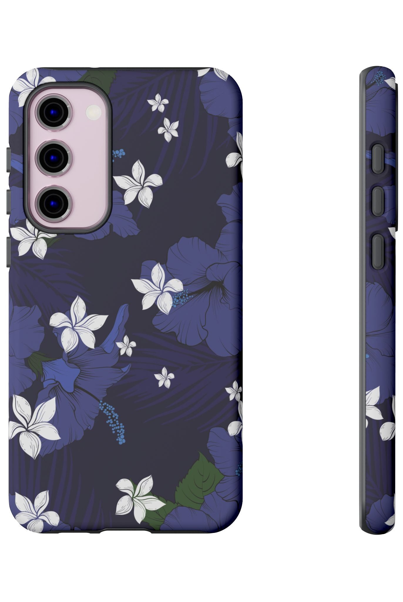 Vintage Blue Tough Samsung Galaxy Case Detail View - Hawaiian Indigo Hibiscus White Plumeria Design Close Up - The Local Banyan