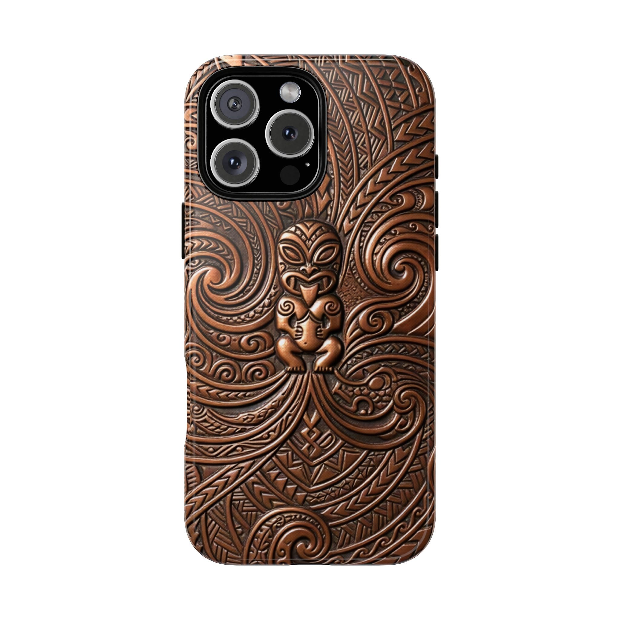 Woman holding Paa Guardian Tough iPhone Case - Hawaiian Copper Carved Tiki Polynesian Design - The Local Banyan