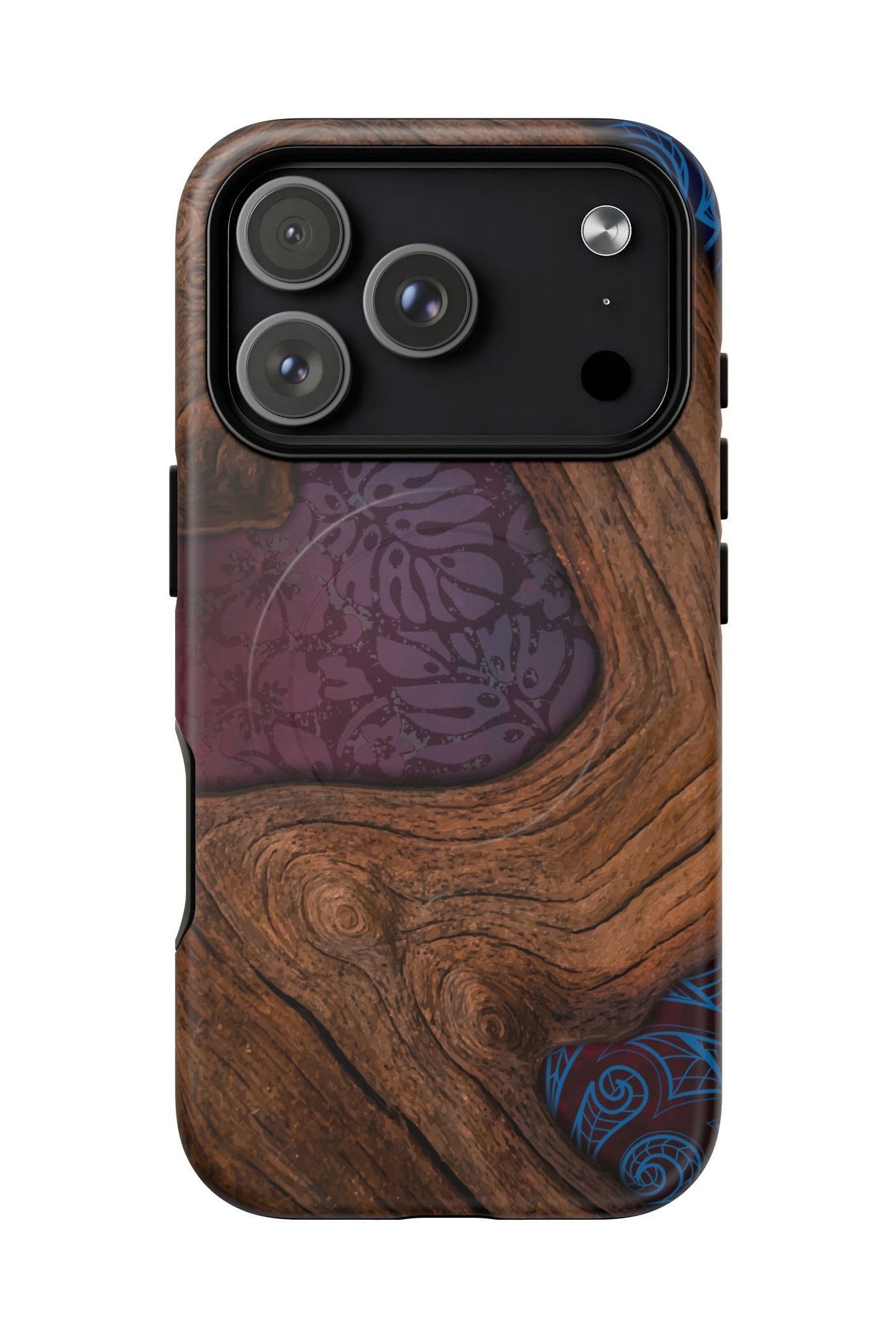 Rooted MagSafe iPhone Case Detail View - Hawaiian Koa Wood Island Strength Tribal Design Close Up - The Local Banyan