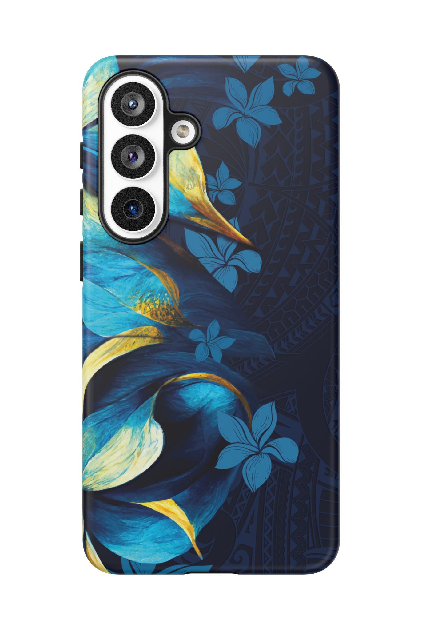 Woman holding Po Mahina Tough Samsung Galaxy Case - Hawaiian Moonlit Teal Gold Floral Design - The Local Banyan