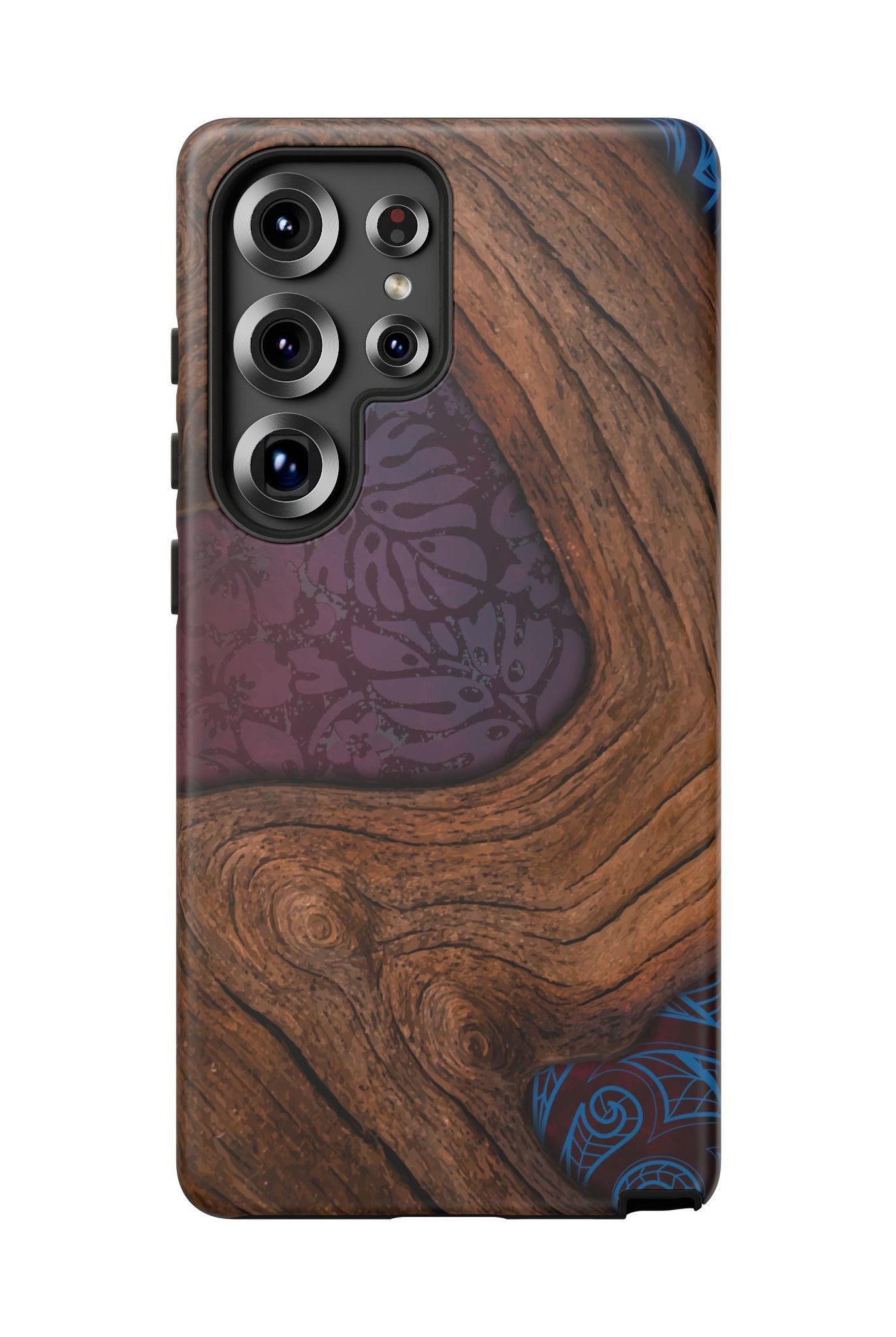 Rooted Tough Samsung Galaxy Case Detail View - Hawaiian Koa Wood Island Strength Tribal Design Close Up - The Local Banyan