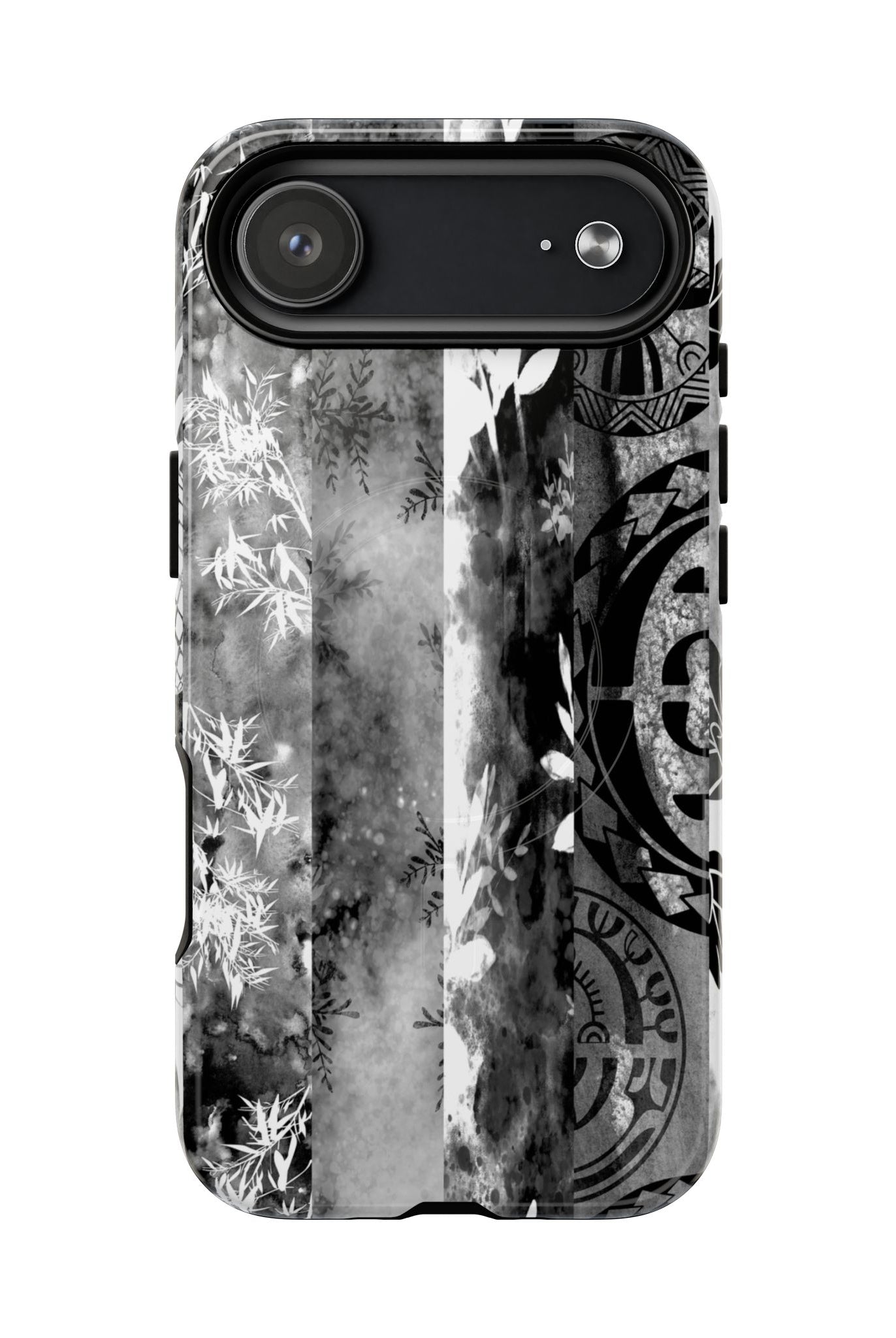 Monochrome Oasis MagSafe iPhone Case Detail View - Hawaiian Black White Botanical Tribal Design Close Up - The Local Banyan