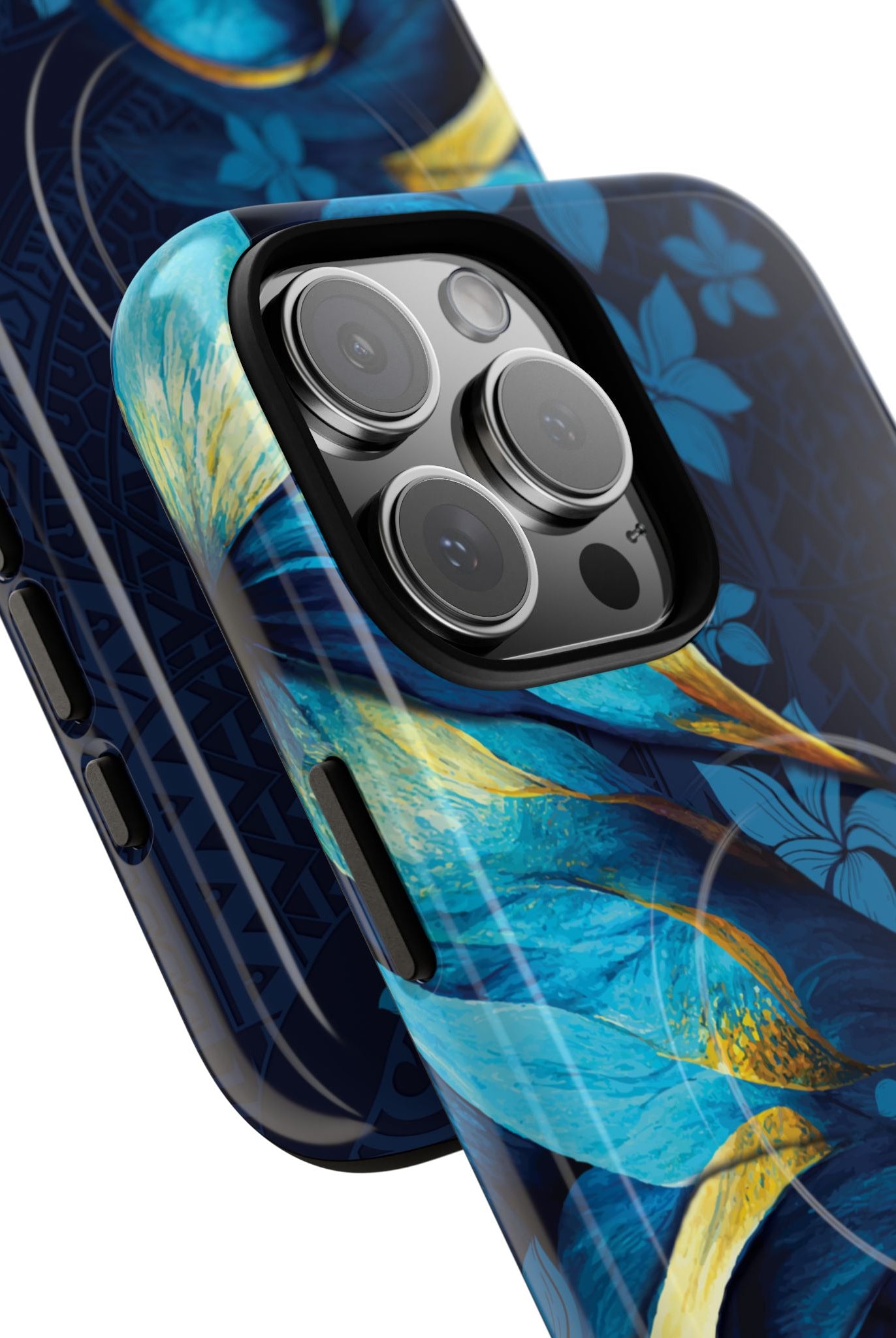 Po Mahina MagSafe iPhone Case Detail View - Hawaiian Moonlit Teal Gold Floral Design Close Up - The Local Banyan
