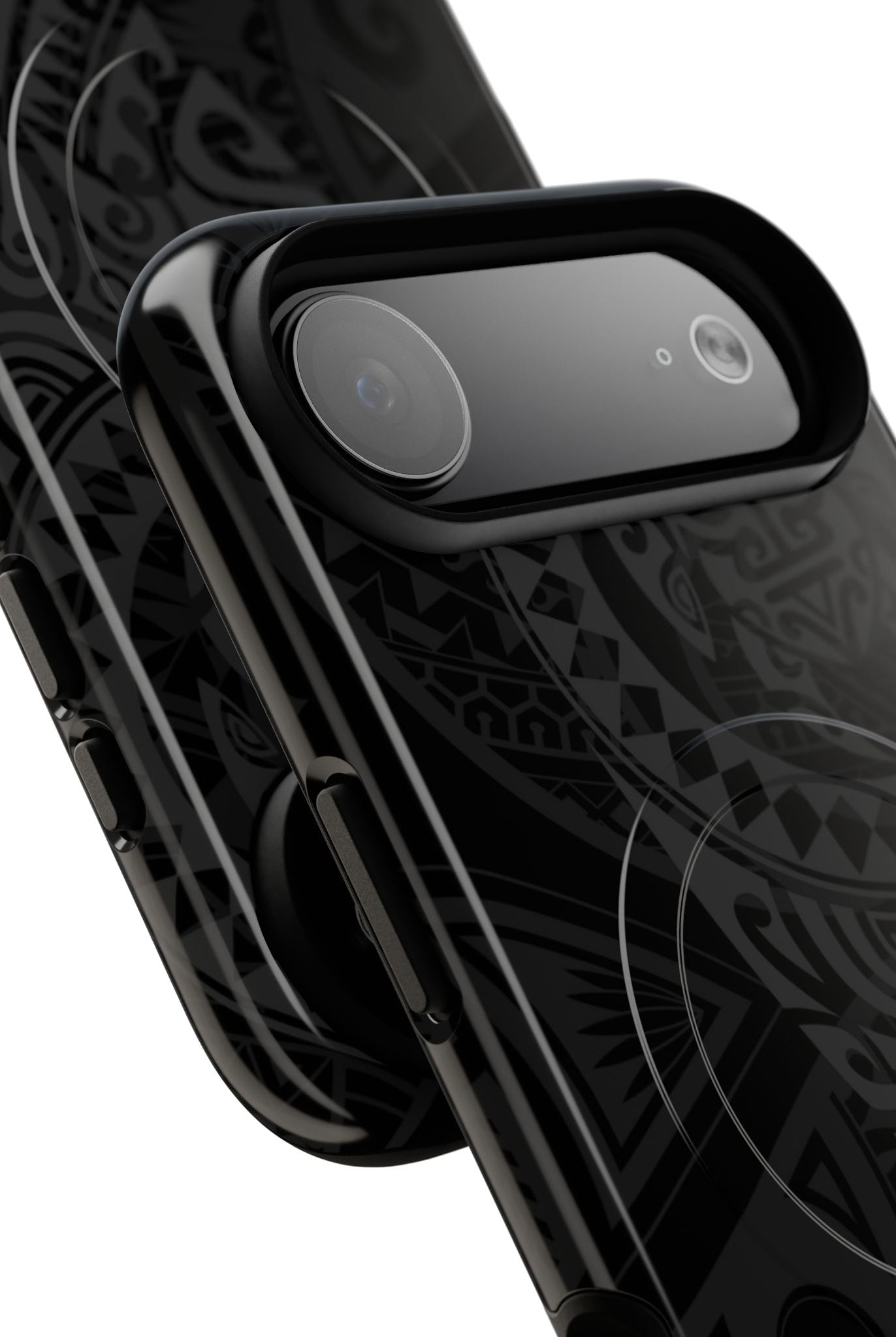 Tribal Guardian MagSafe iPhone Case Detail View - Hawaiian Black on Black Polynesian Tribal Design Close Up - The Local Banyan