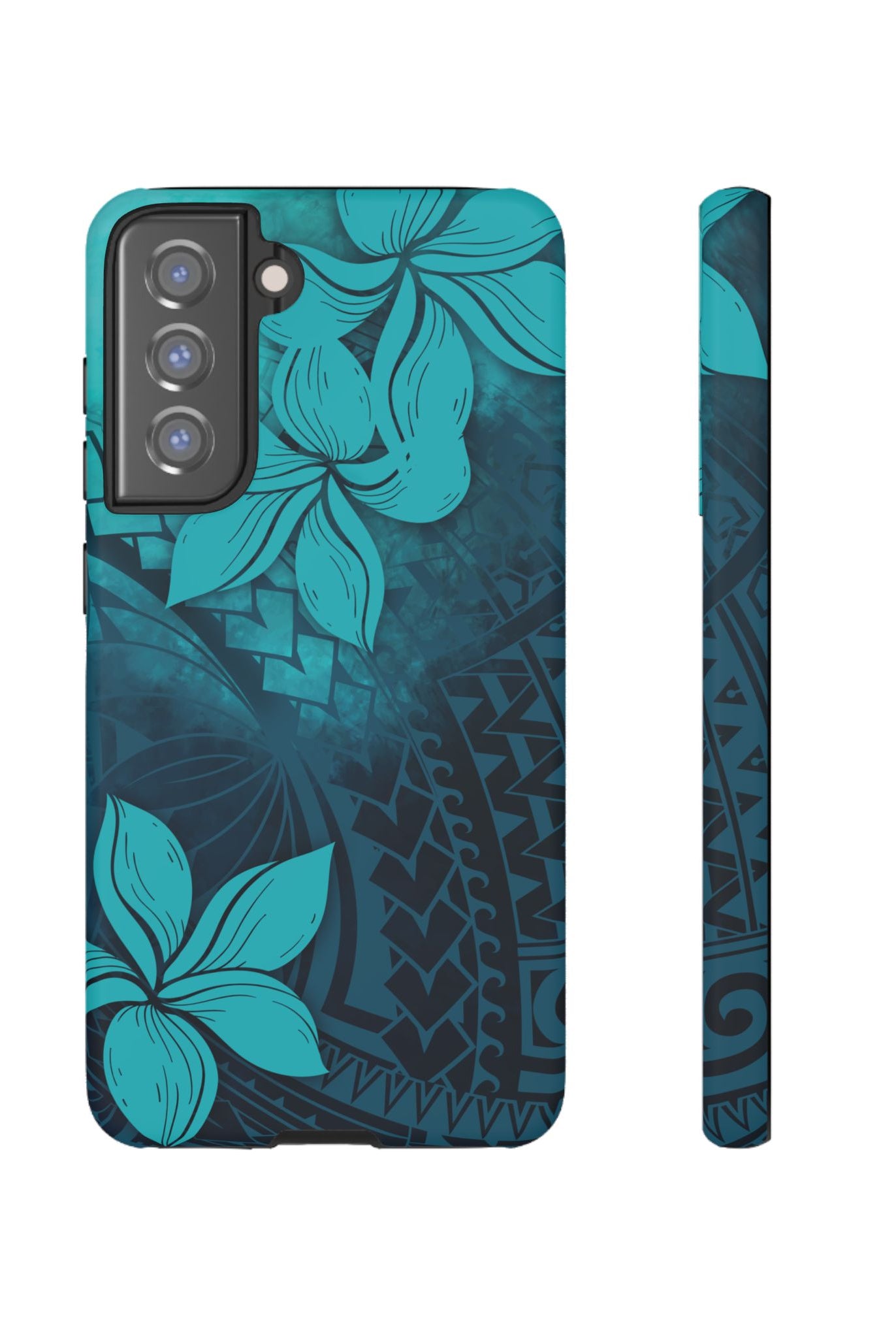 Moana Bloom Tough Samsung Galaxy Case Samsung Galaxy S21 FE Matte - Hawaiian Teal Plumeria Ocean Tribal Design - The Local Banyan