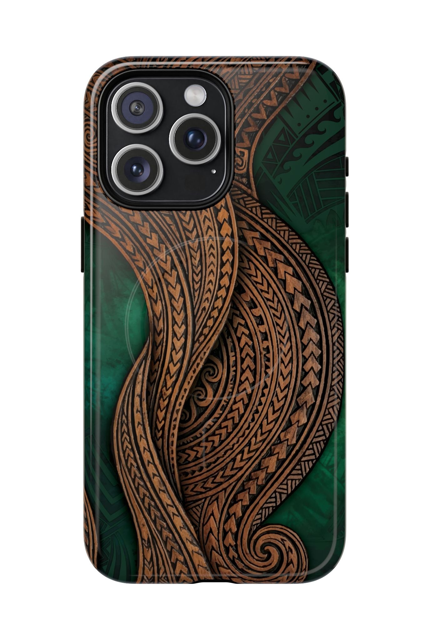 Island Kalai MagSafe iPhone Case iPhone 15 Pro Max Glossy - Hawaiian Carved Wood Grain Emerald Green Tribal Design - The Local Banyan