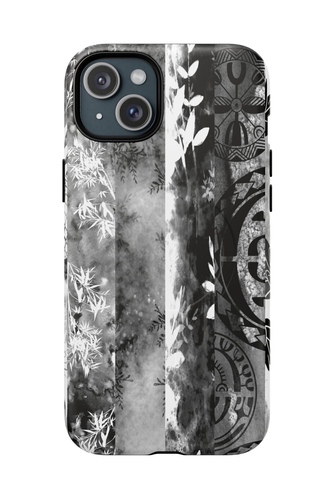 Monochrome Oasis MagSafe iPhone Case iPhone 15 Plus Matte - Hawaiian Black White Botanical Tribal Design - The Local Banyan