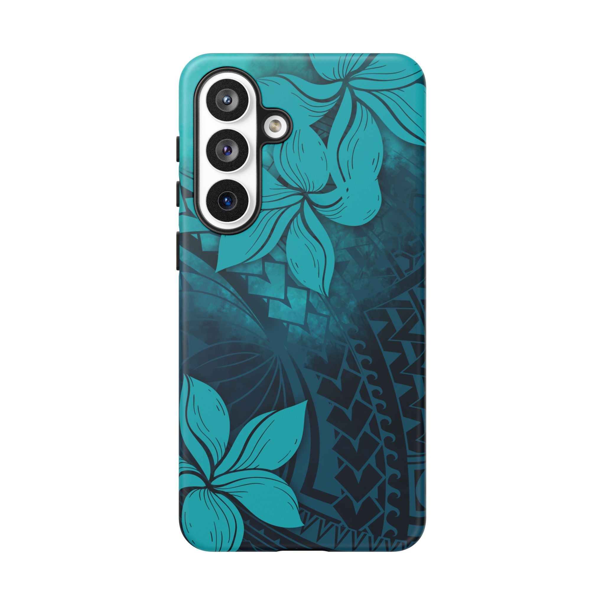 Woman holding Moana Bloom Tough Samsung Galaxy Case - Hawaiian Teal Plumeria Ocean Tribal Design - The Local Banyan