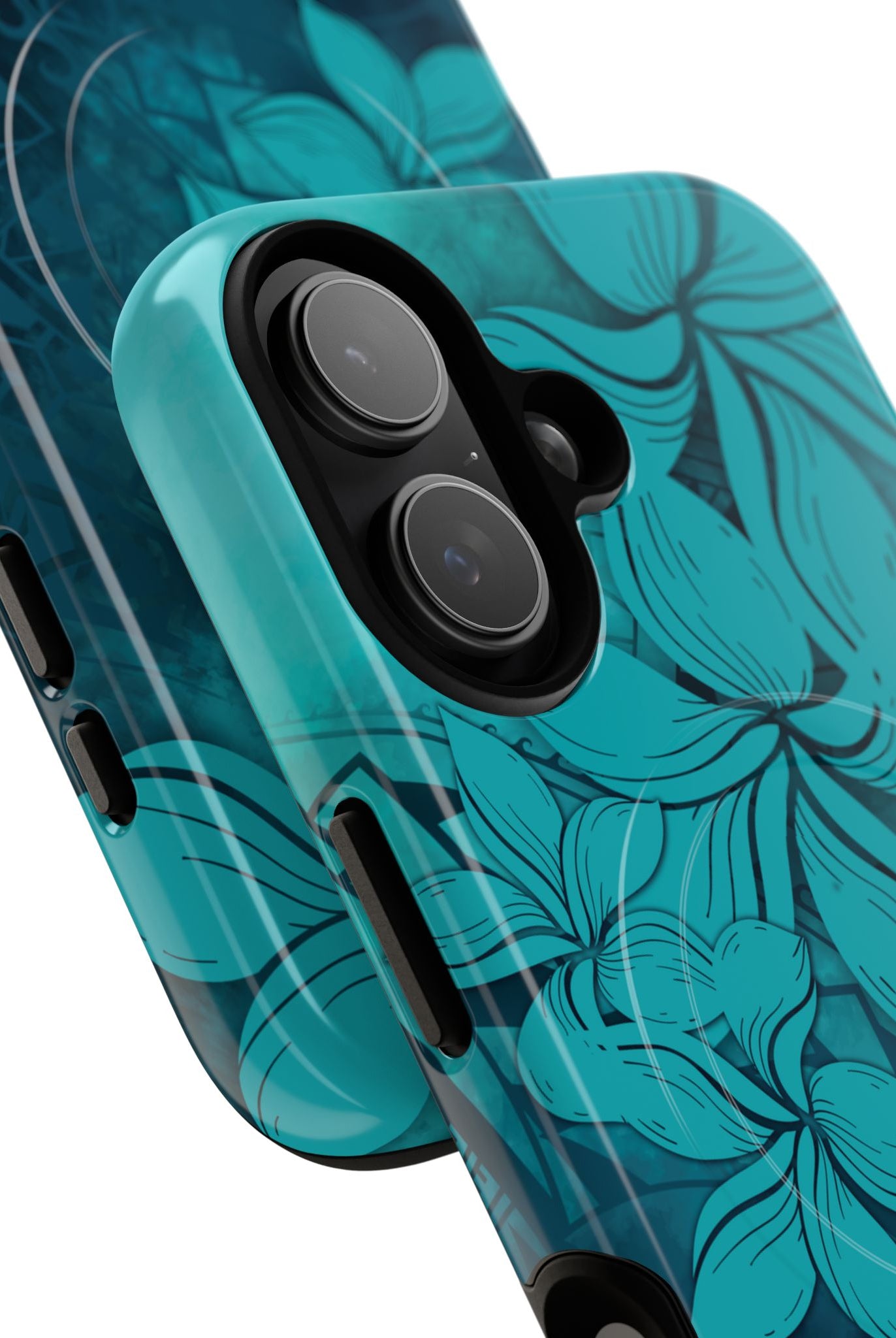 Moana Bloom MagSafe iPhone Case Detail View - Hawaiian Teal Plumeria Ocean Tribal Design Close Up - The Local Banyan