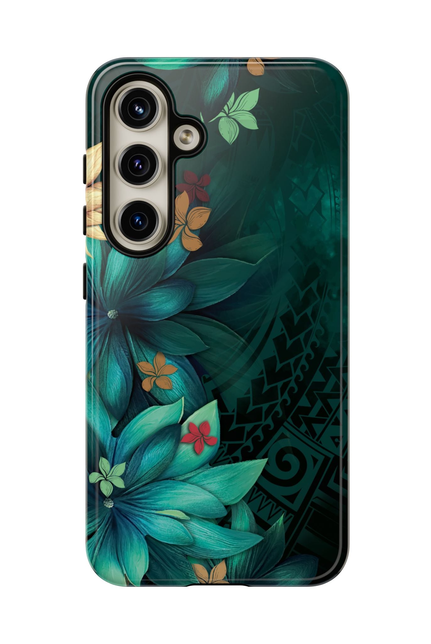 Woman holding Aloha Whispers Tough Samsung Galaxy Case - Hawaiian Abstract Green Floral Polynesian Design - The Local Banyan