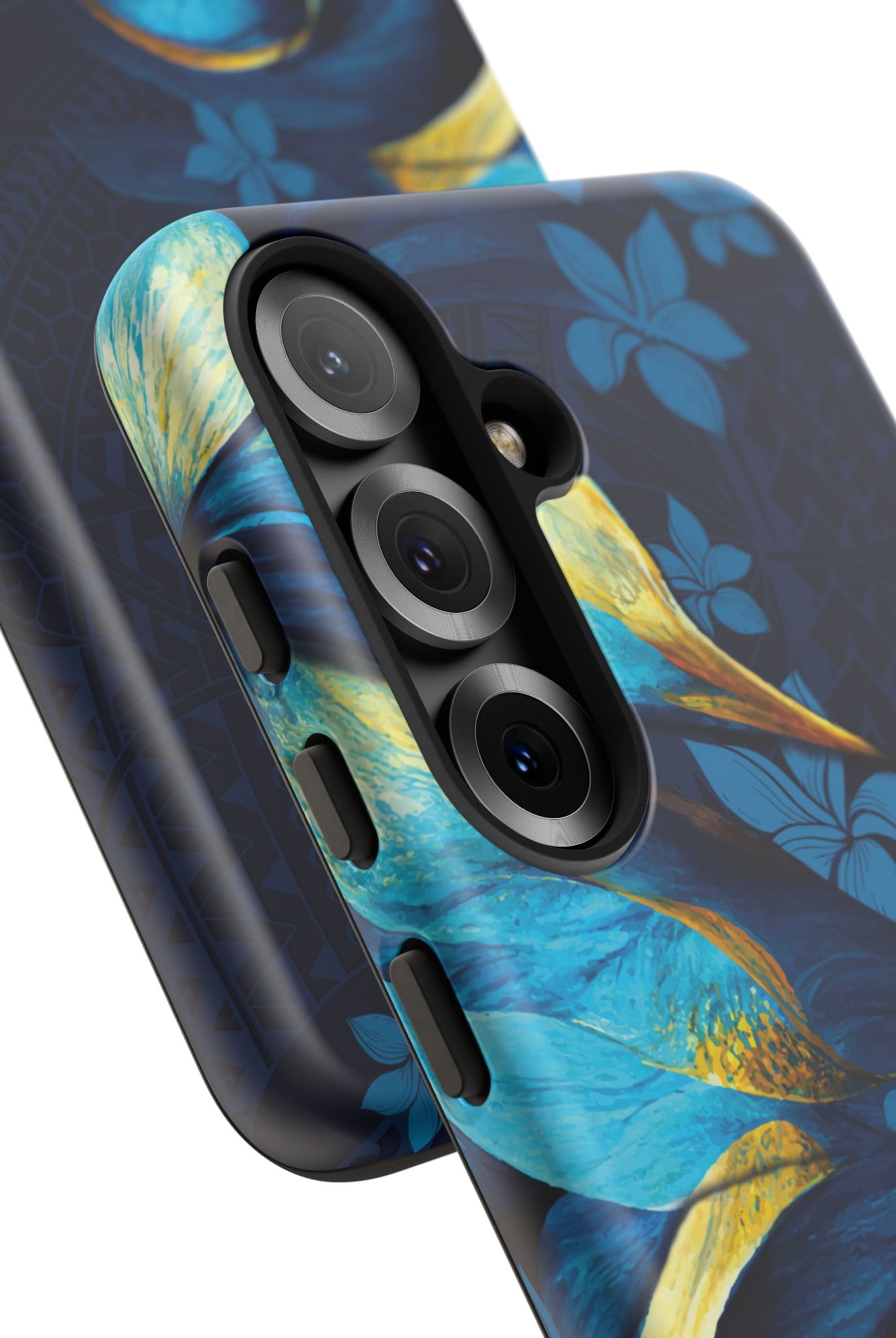 Woman holding Po Mahina Tough Samsung Galaxy Case - Hawaiian Moonlit Teal Gold Floral Design - The Local Banyan