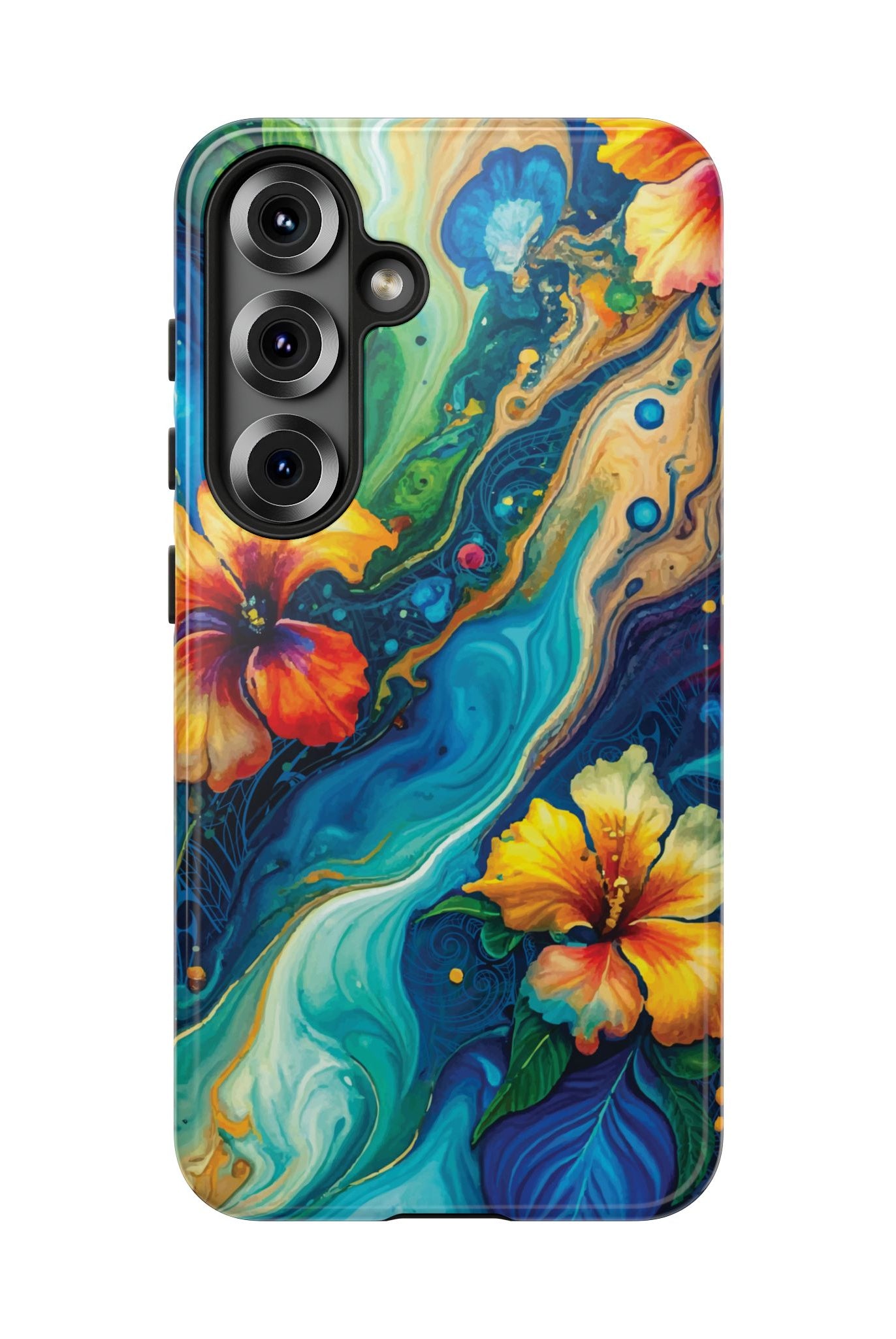 Aloalo Drift Tough Samsung Galaxy Case Detail View - Hawaiian Hibiscus Teal Ocean Wave Design Close Up - The Local Banyan