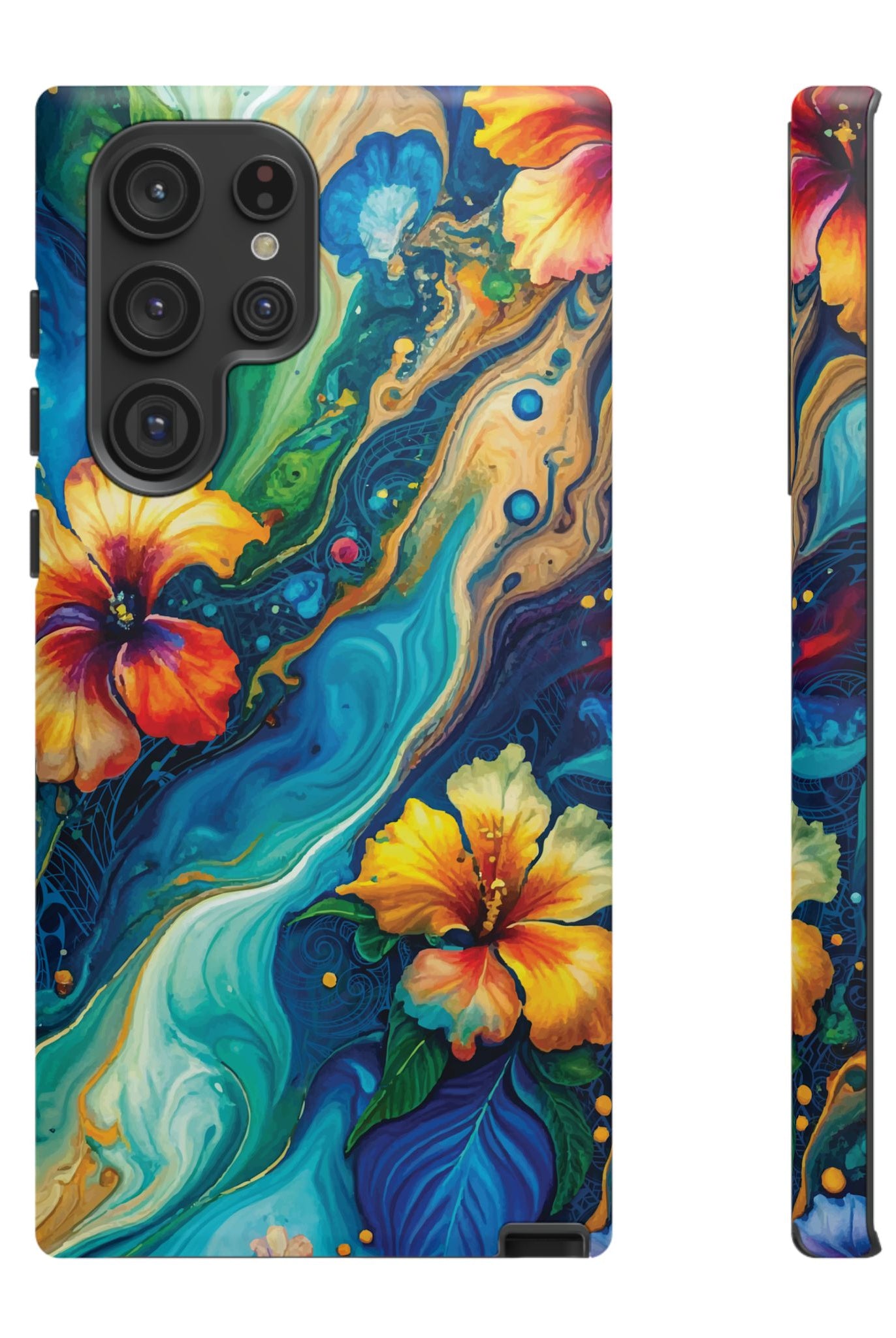 Aloalo Drift Tough Samsung Galaxy Case Detail View - Hawaiian Hibiscus Teal Ocean Wave Design Close Up - The Local Banyan
