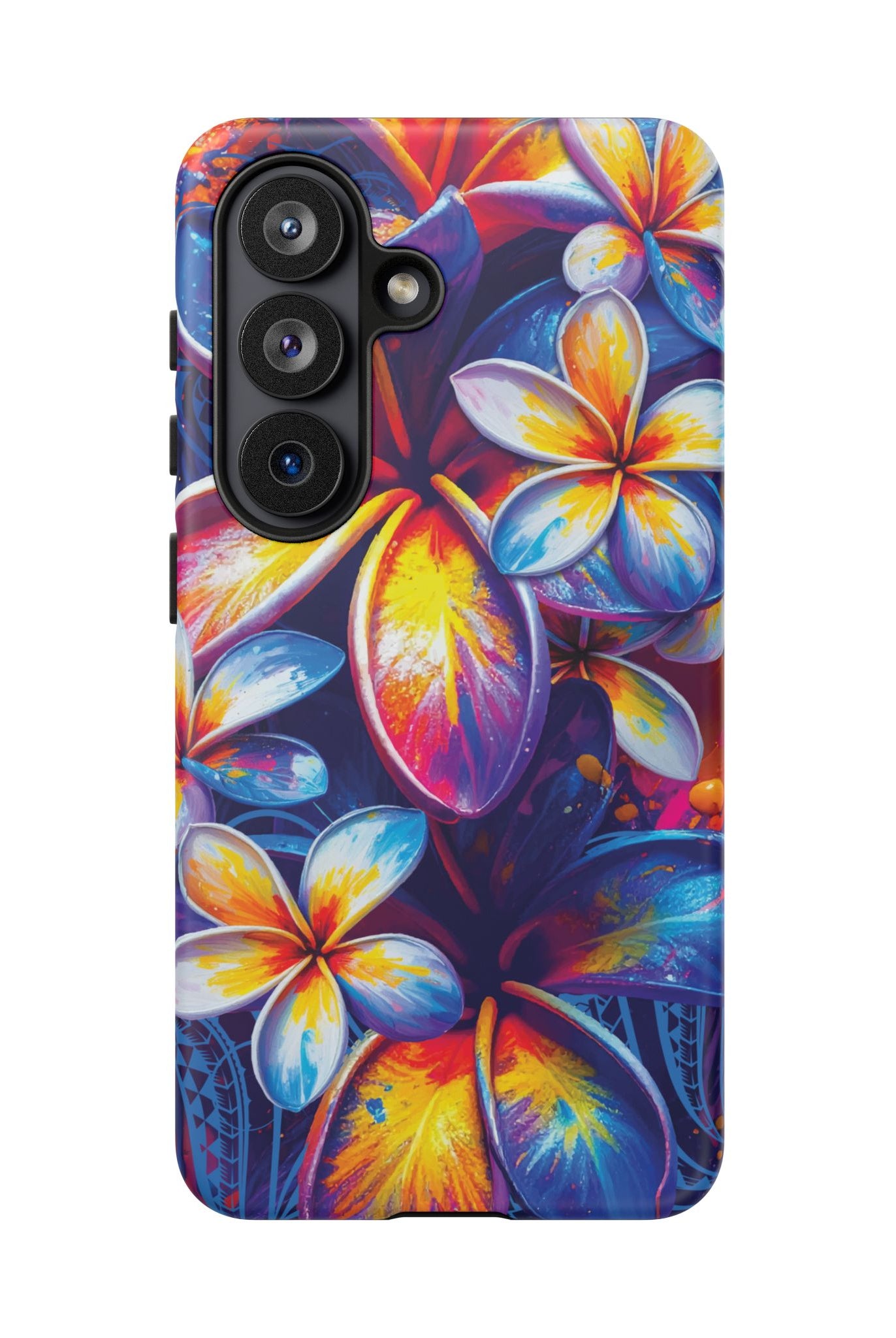 Woman holding Sunset Ink Tough Samsung Galaxy Case - Hawaiian Plumeria Street Art Graffiti Tropical Design - The Local Banyan