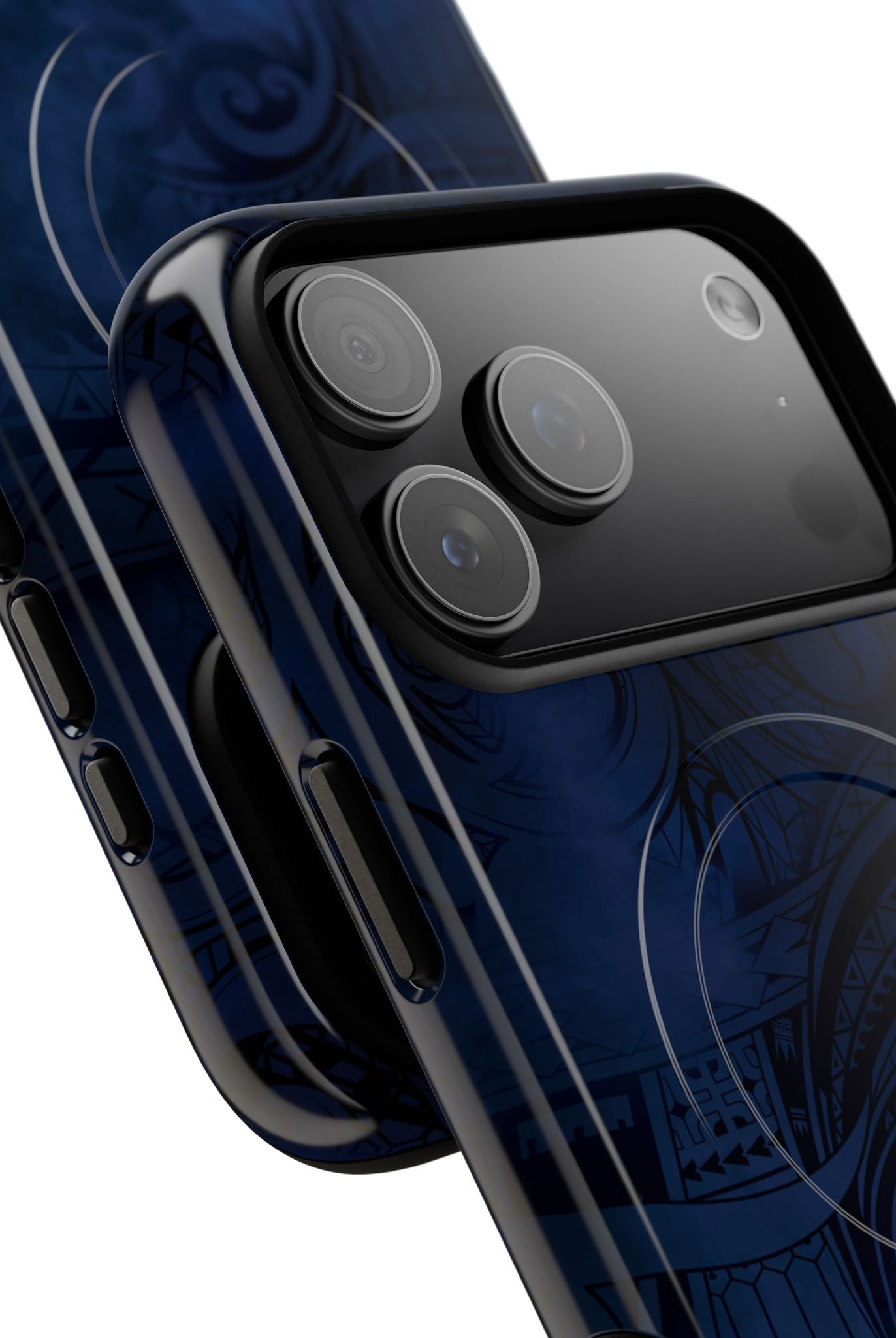 Midnight Essence MagSafe iPhone Case Detail View - Hawaiian Midnight Navy Polynesian Tribal Design Close Up - The Local Banyan