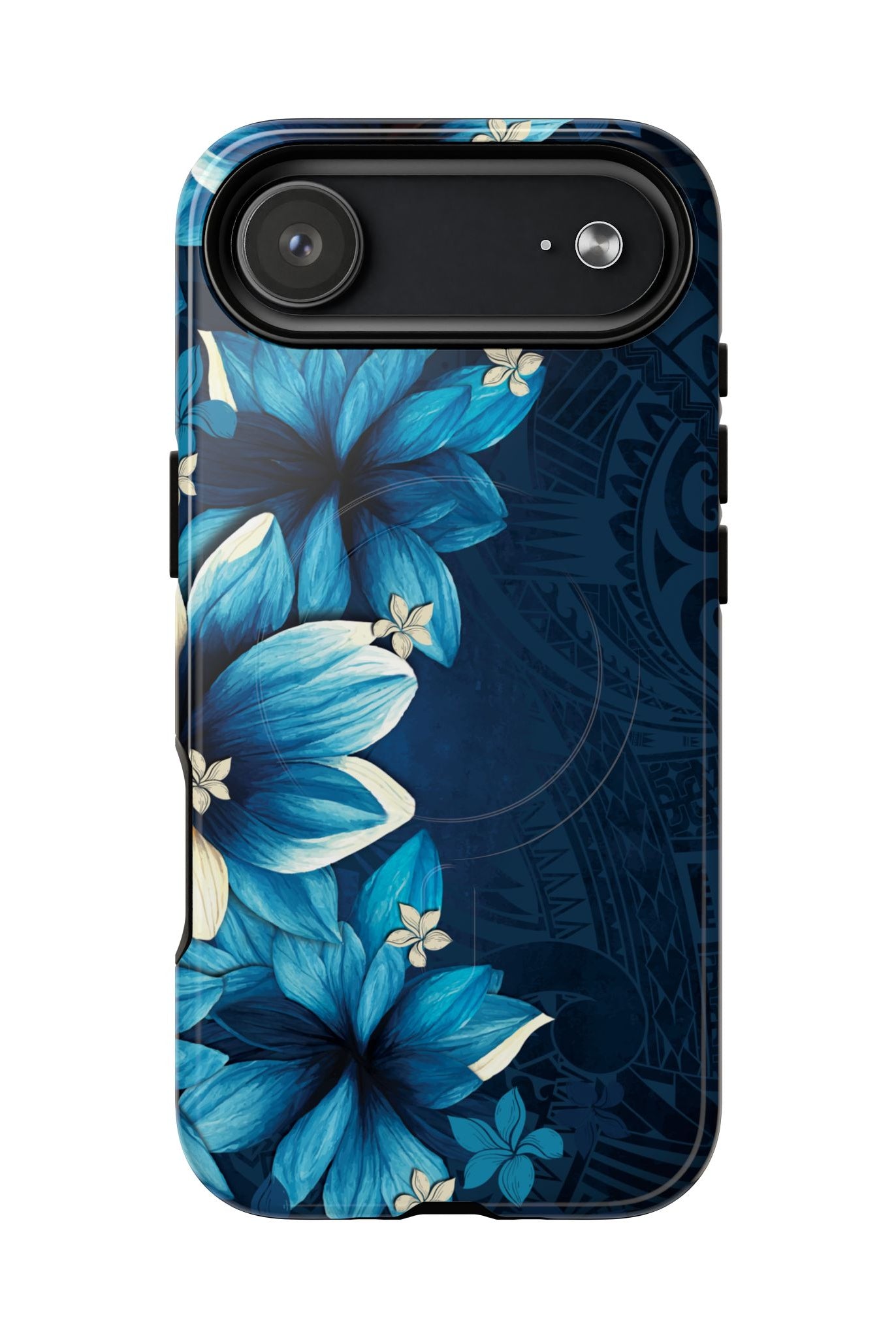 Leilani Nights MagSafe iPhone Case Detail View - Hawaiian Dark Blue Floral Polynesian Design Close Up - The Local Banyan