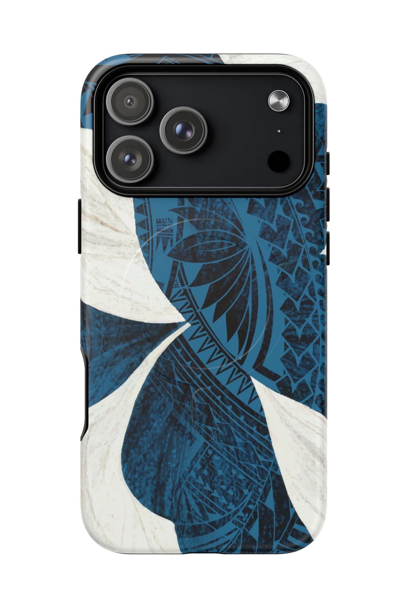 Woman holding Hana Breeze MagSafe iPhone Case - Hawaiian Blue Plumeria Polynesian Botanical Design - The Local Banyan