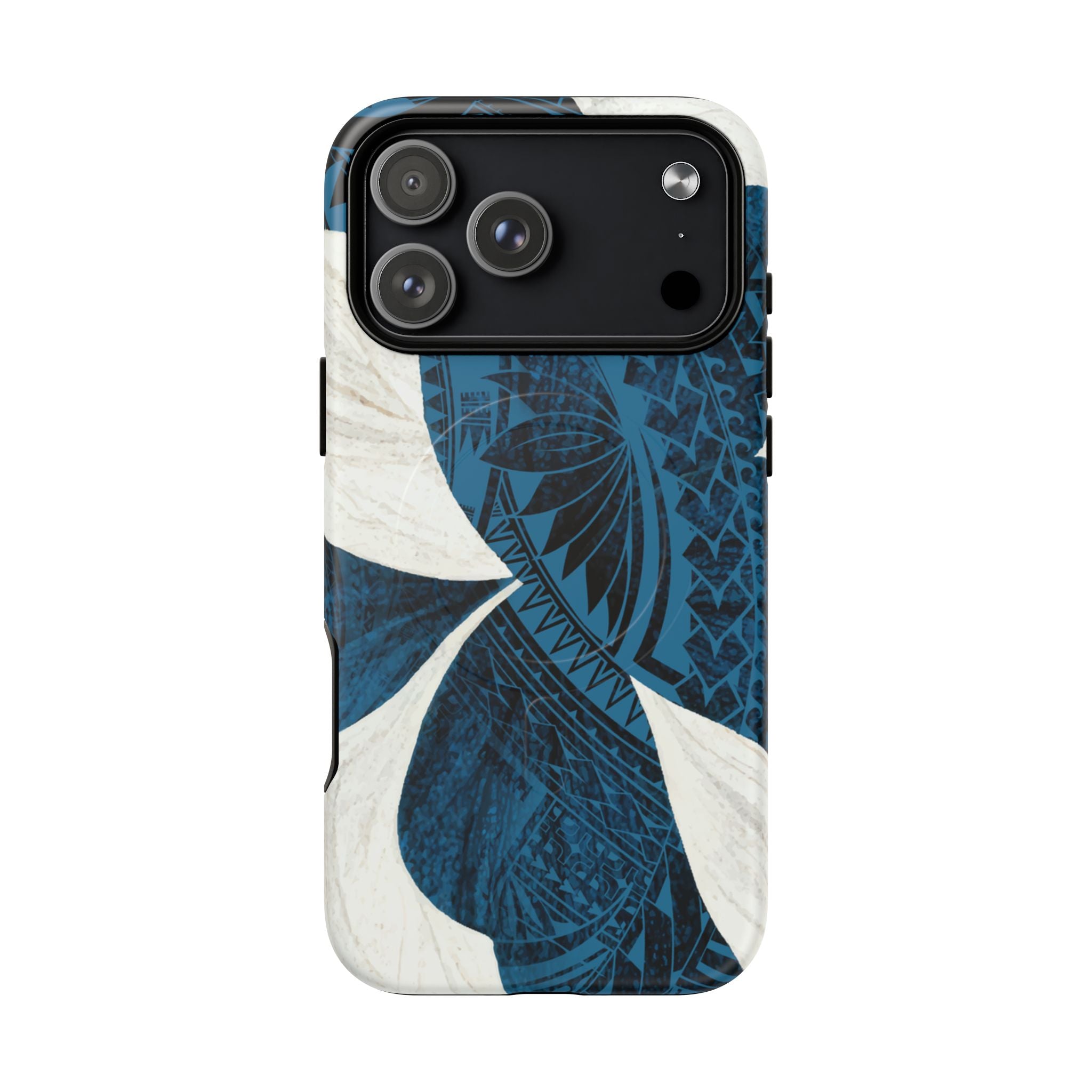 Woman holding Hana Breeze MagSafe iPhone Case - Hawaiian Blue Plumeria Polynesian Botanical Design - The Local Banyan