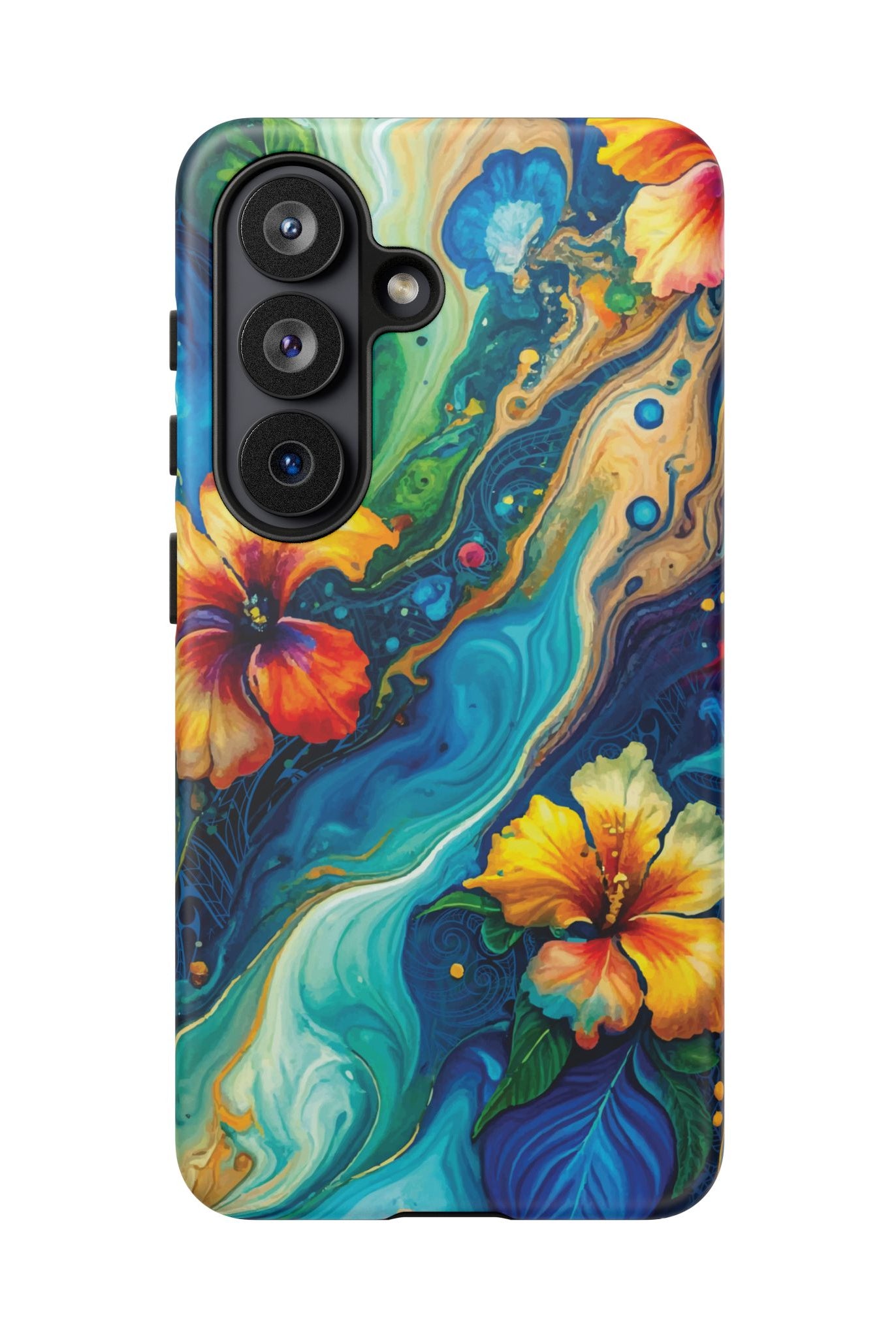 Woman holding Aloalo Drift Tough Samsung Galaxy Case - Hawaiian Hibiscus Teal Ocean Wave Design - The Local Banyan
