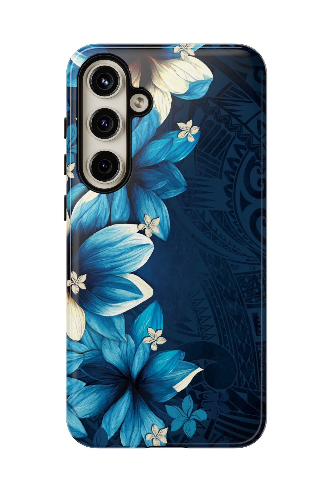 Woman holding Leilani Nights Tough Samsung Galaxy Case - Hawaiian Dark Blue Floral Polynesian Design - The Local Banyan