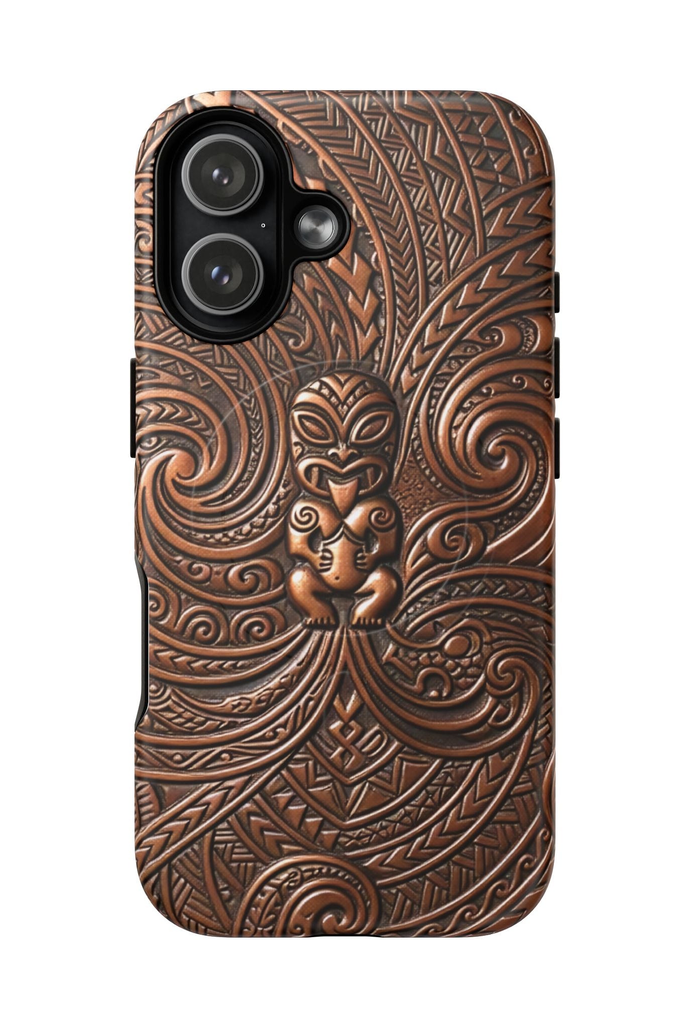 Paa Guardian MagSafe iPhone Case Detail View - Hawaiian Copper Carved Tiki Polynesian Design Close Up - The Local Banyan