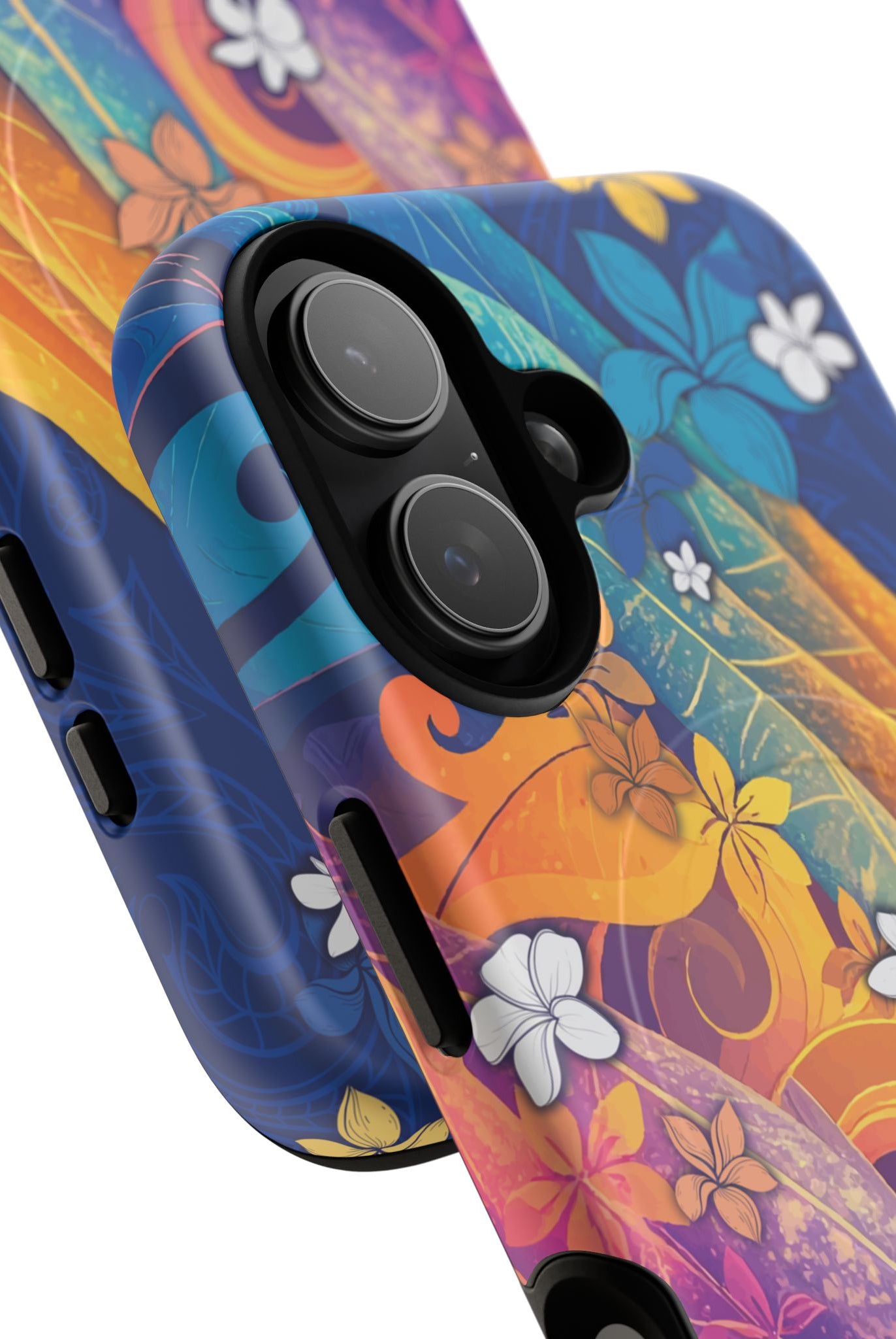 Mauna Sunrise MagSafe iPhone Case Detail View - Hawaiian Colorful Sunrise Plumeria Design Close Up - The Local Banyan