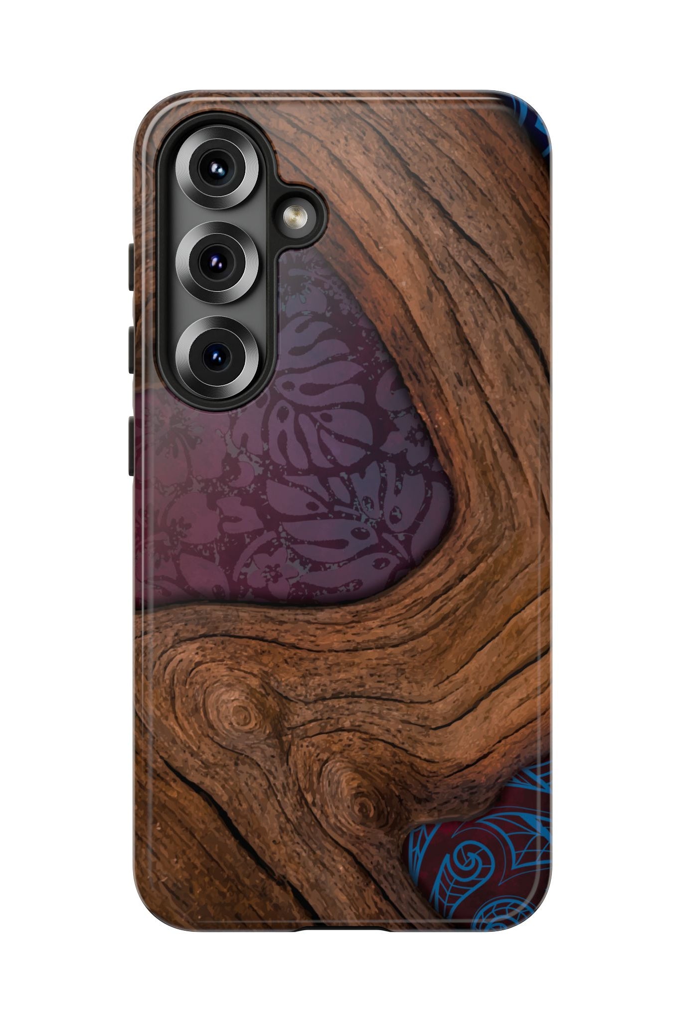 Woman holding Rooted Tough Samsung Galaxy Case - Hawaiian Koa Wood Island Strength Tribal Design - The Local Banyan