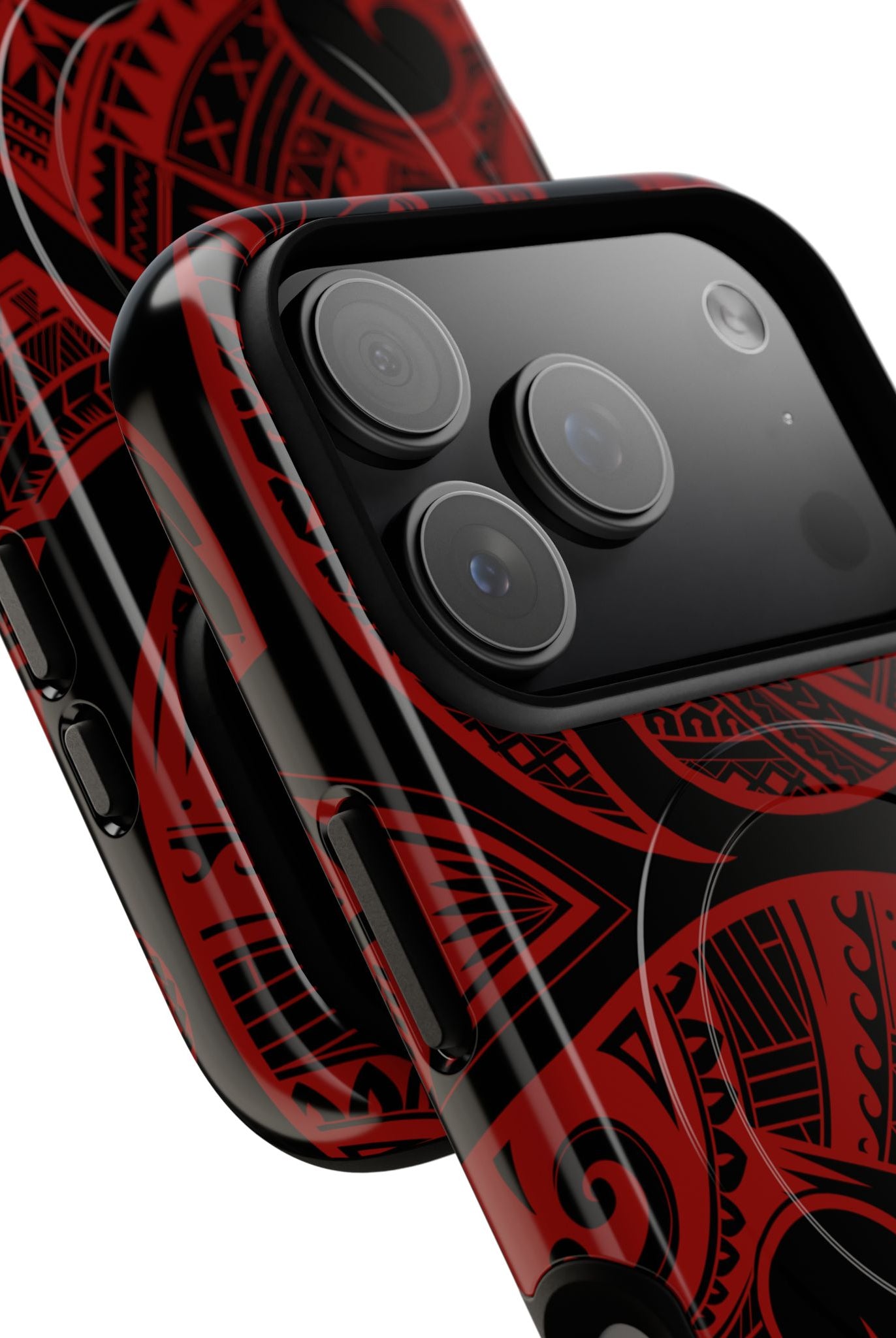 Woman holding Island Tribal MagSafe iPhone Case - Hawaiian Crimson Red Polynesian Tribal Design - The Local Banyan