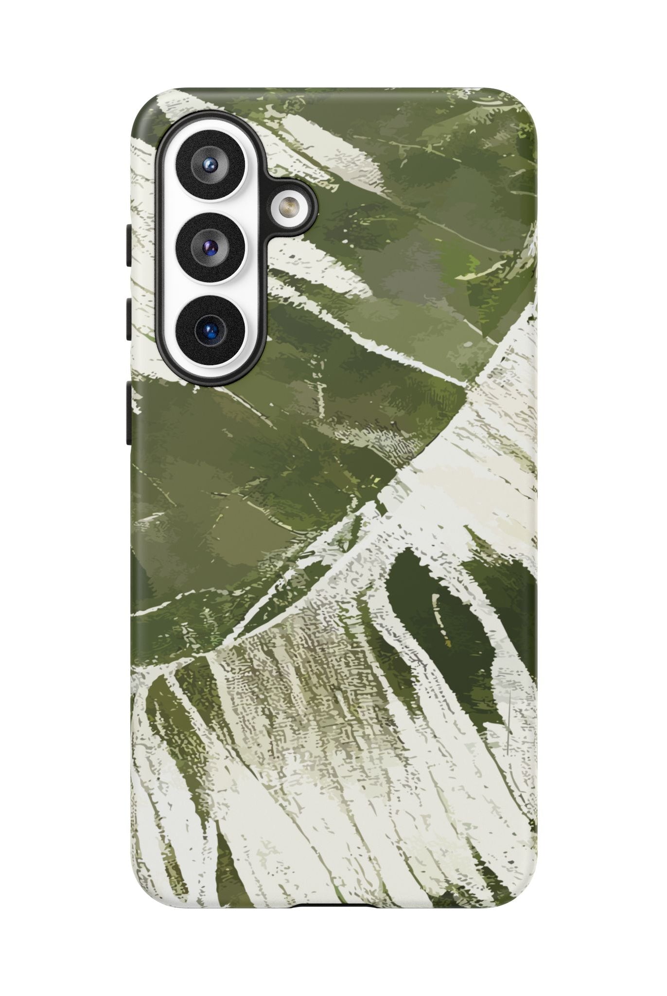 Woman holding Island Breeze Tough Samsung Galaxy Case - Hawaiian Palm Leaf Olive Green Botanical Design - The Local Banyan