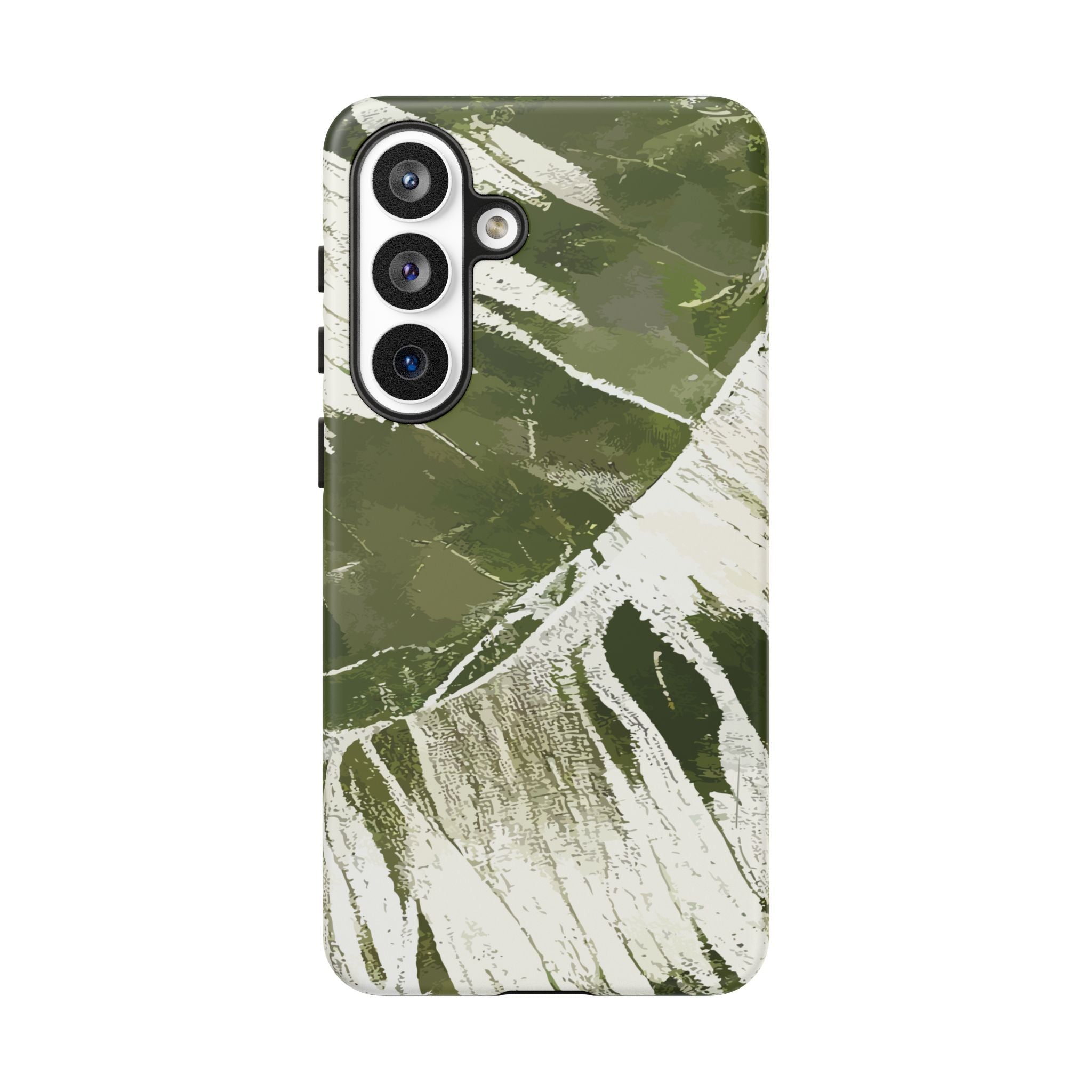 Woman holding Island Breeze Tough Samsung Galaxy Case - Hawaiian Palm Leaf Olive Green Botanical Design - The Local Banyan