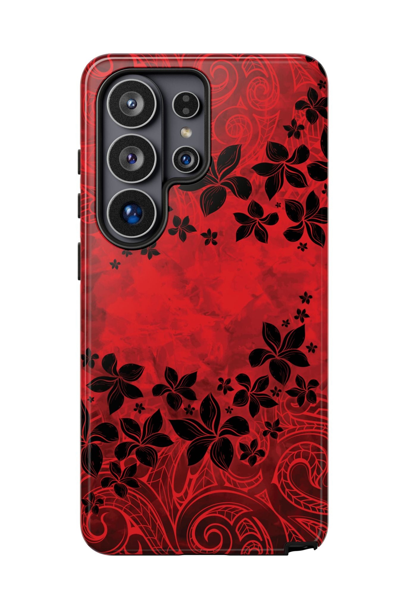 Woman holding Keahi Pua Tough Samsung Galaxy Case - Hawaiian Fire Flower Red Tribal Floral Design - The Local Banyan