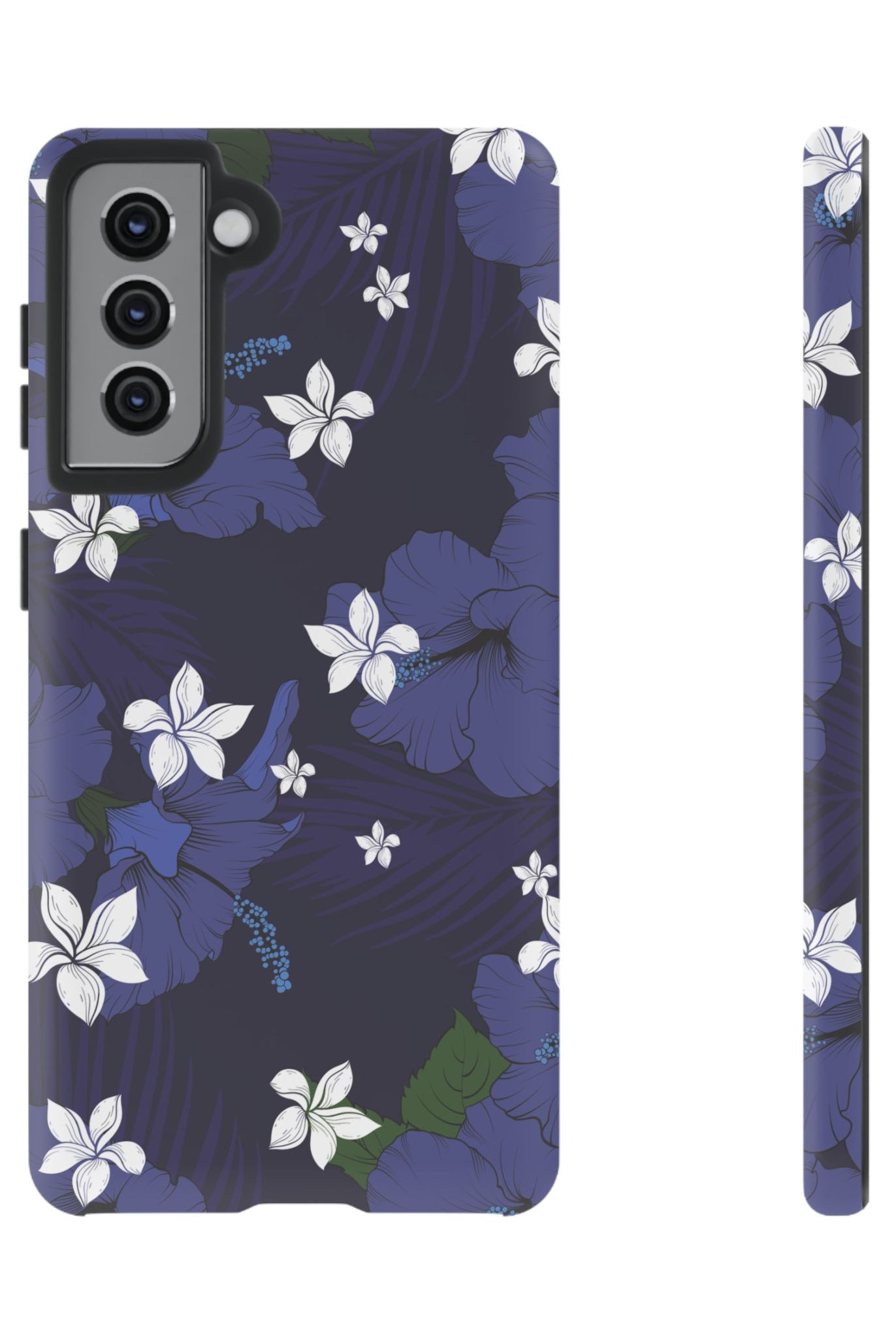 Vintage Blue Tough Samsung Galaxy Case Samsung Galaxy S21 Matte - Hawaiian Indigo Hibiscus White Plumeria Design - The Local Banyan