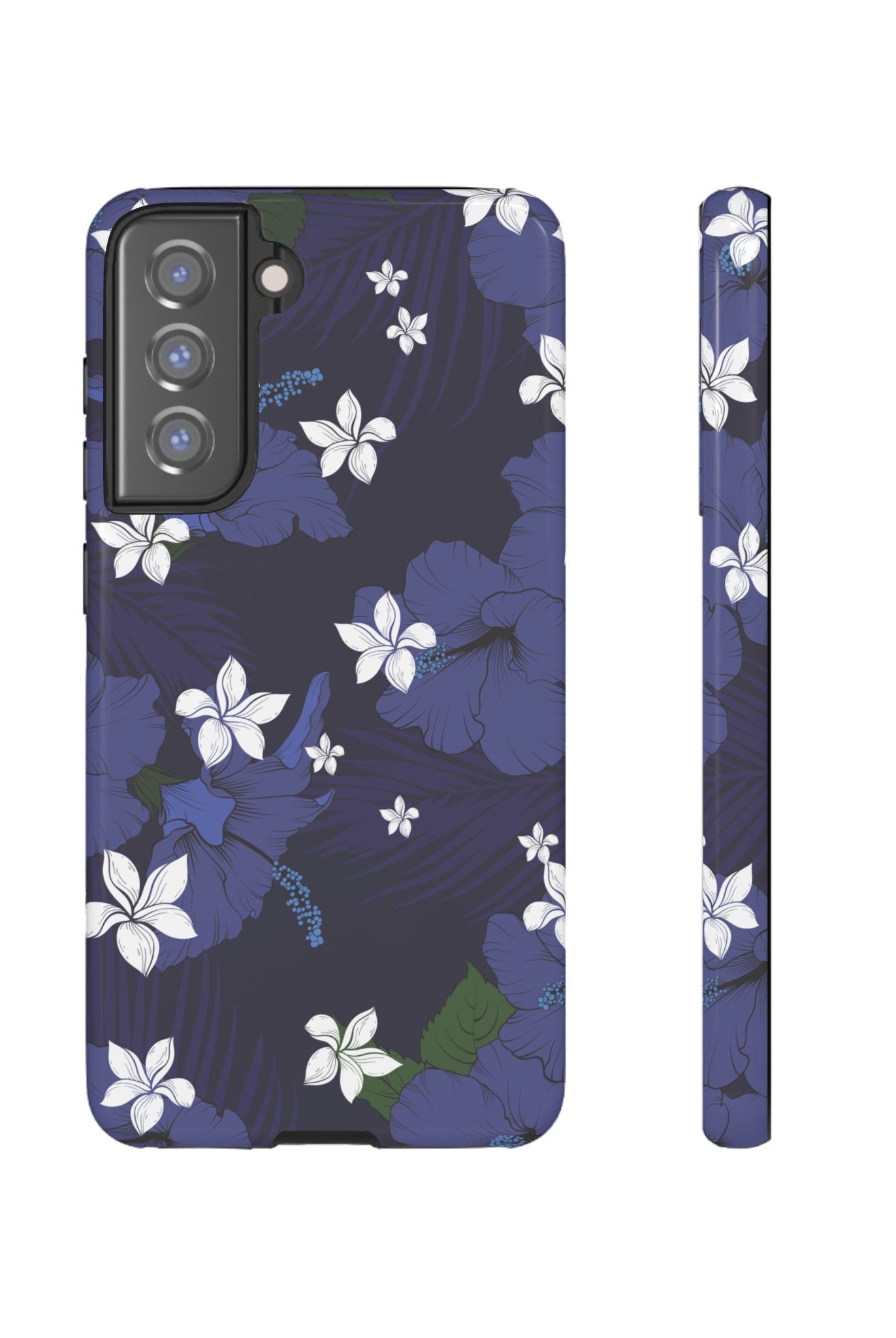 Vintage Blue Tough Samsung Galaxy Case Samsung Galaxy S21 FE Glossy - Hawaiian Indigo Hibiscus White Plumeria Design - The Local Banyan