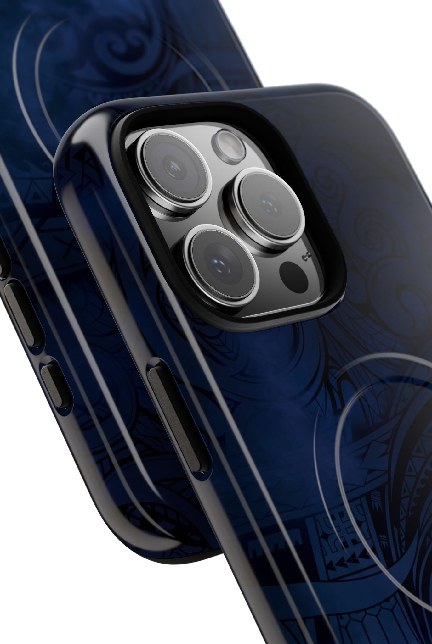 Midnight Essence MagSafe iPhone Case Detail View - Hawaiian Midnight Navy Polynesian Tribal Design Close Up - The Local Banyan