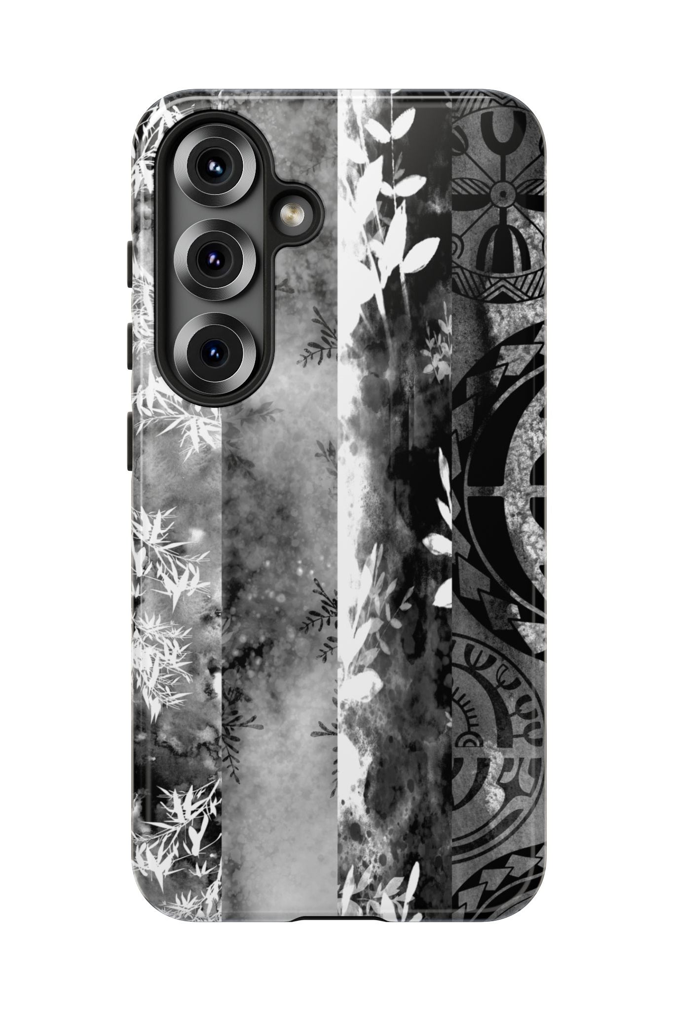 Woman holding Monochrome Oasis Tough Samsung Galaxy Case - Hawaiian Black White Botanical Tribal Design - The Local Banyan