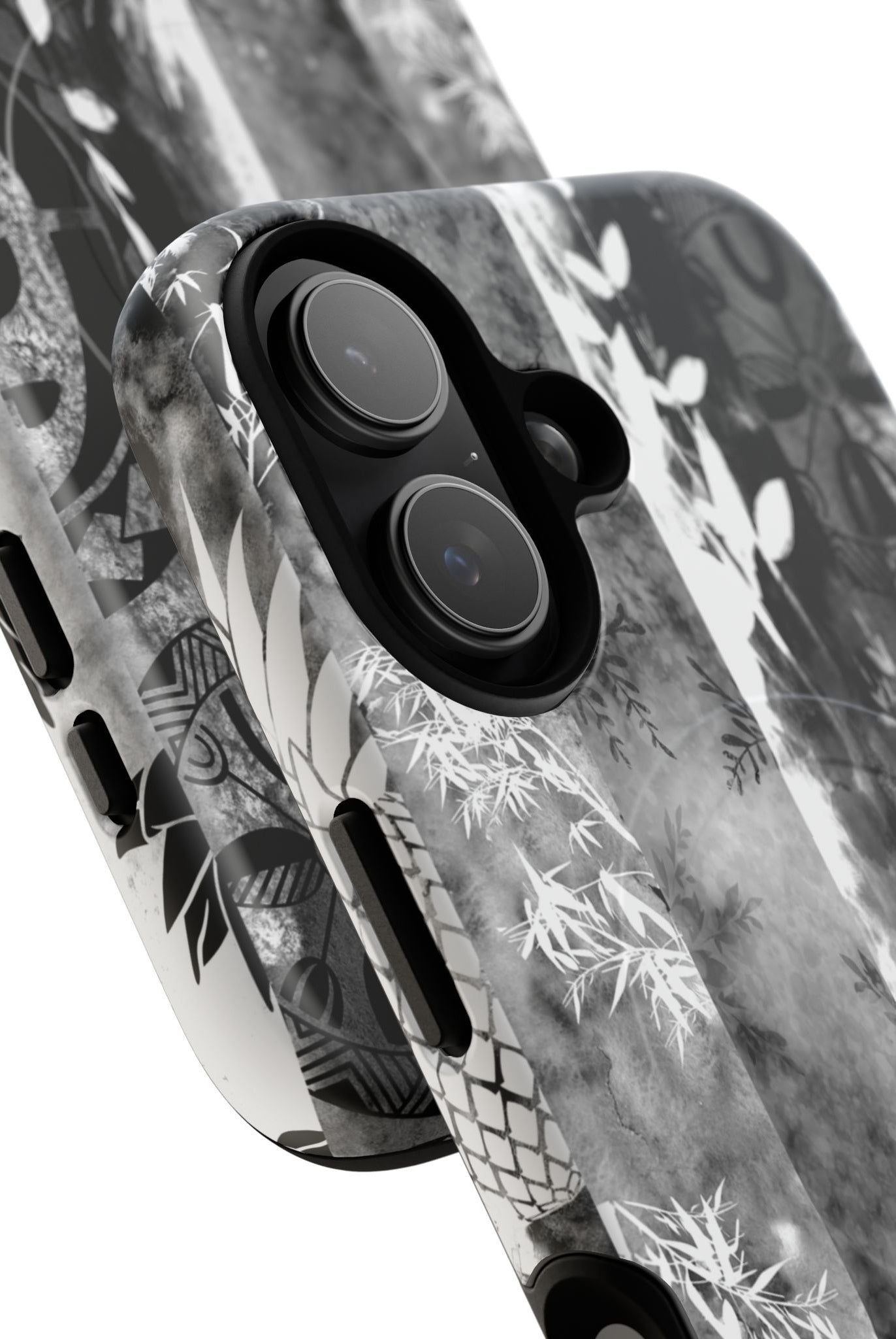 Woman holding Monochrome Oasis MagSafe iPhone Case - Hawaiian Black White Botanical Tribal Design - The Local Banyan