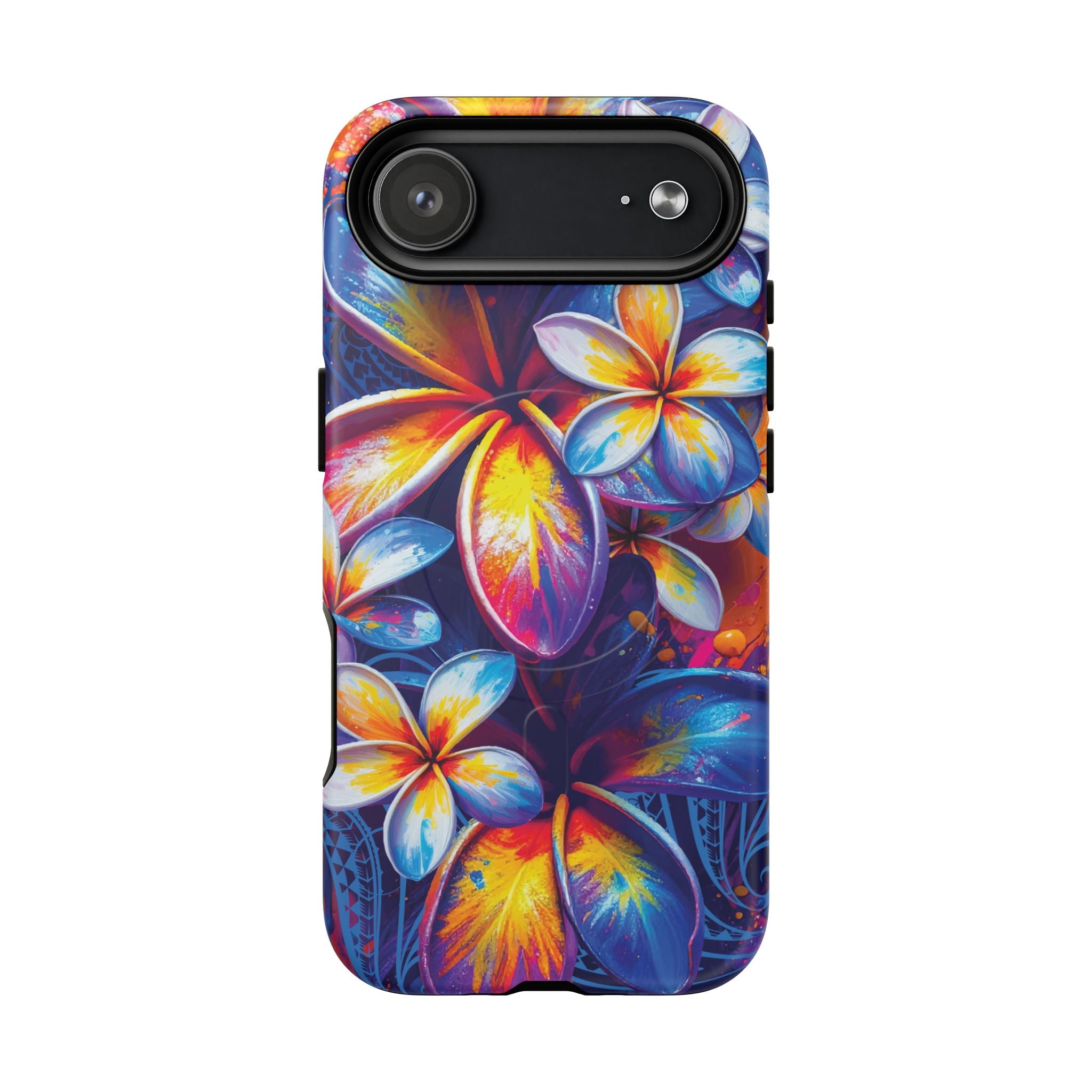 Woman holding Sunset Ink MagSafe iPhone Case - Hawaiian Plumeria Street Art Graffiti Tropical Design - The Local Banyan