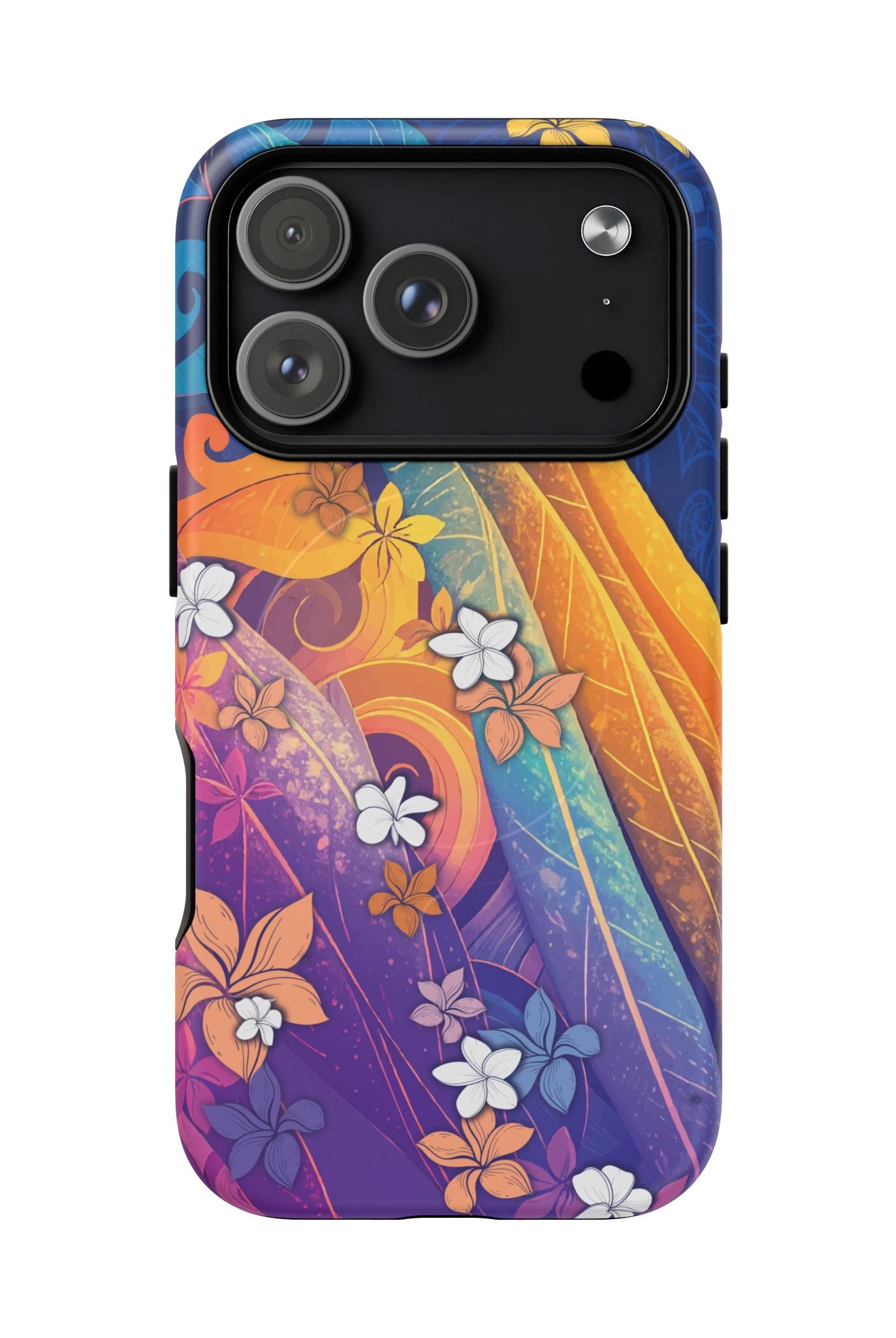 Mauna Sunrise MagSafe iPhone Case Detail View - Hawaiian Colorful Sunrise Plumeria Design Close Up - The Local Banyan