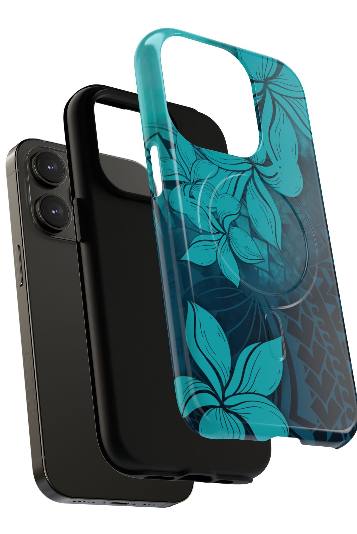 Moana Bloom MagSafe iPhone Case Detail View - Hawaiian Teal Plumeria Ocean Tribal Design Close Up - The Local Banyan