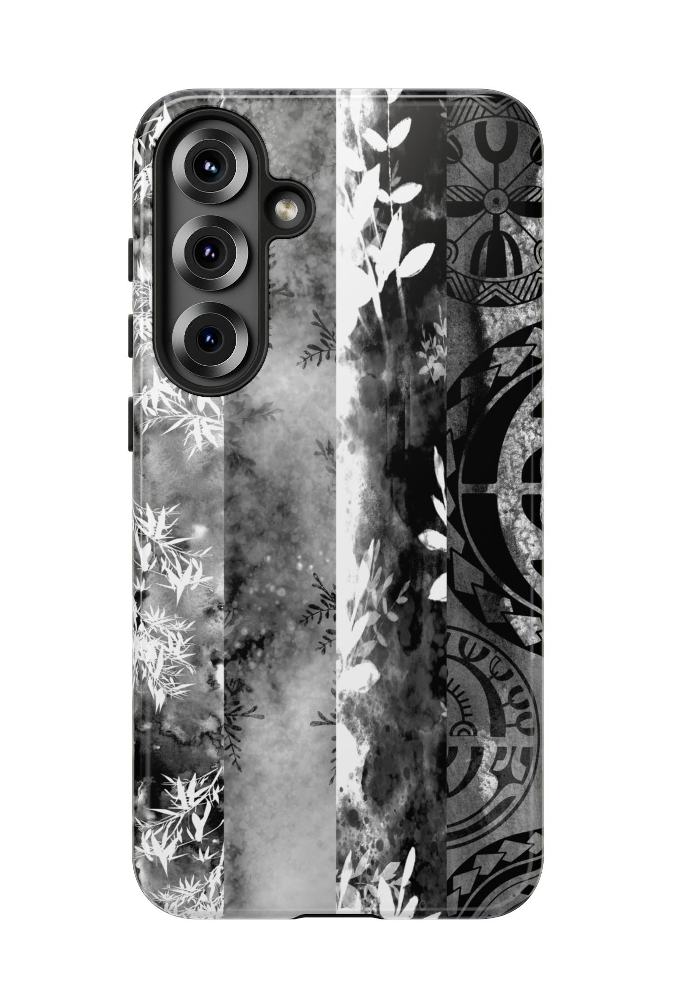 Monochrome Oasis Tough Samsung Galaxy Case Detail View - Hawaiian Black White Botanical Tribal Design Close Up - The Local Banyan
