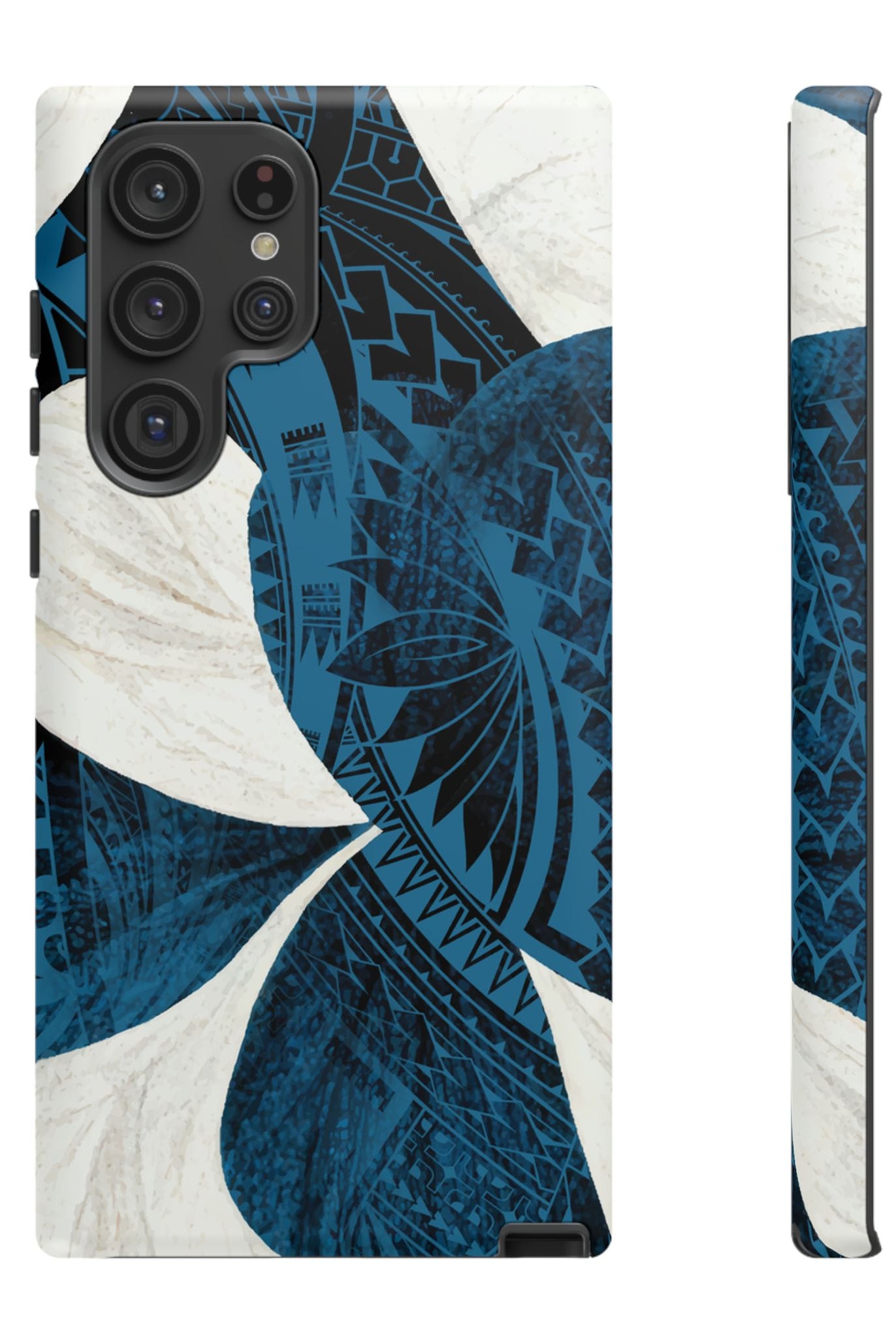 Hana Breeze Tough Samsung Galaxy Case Detail View - Hawaiian Blue Plumeria Polynesian Botanical Design Close Up - The Local Banyan
