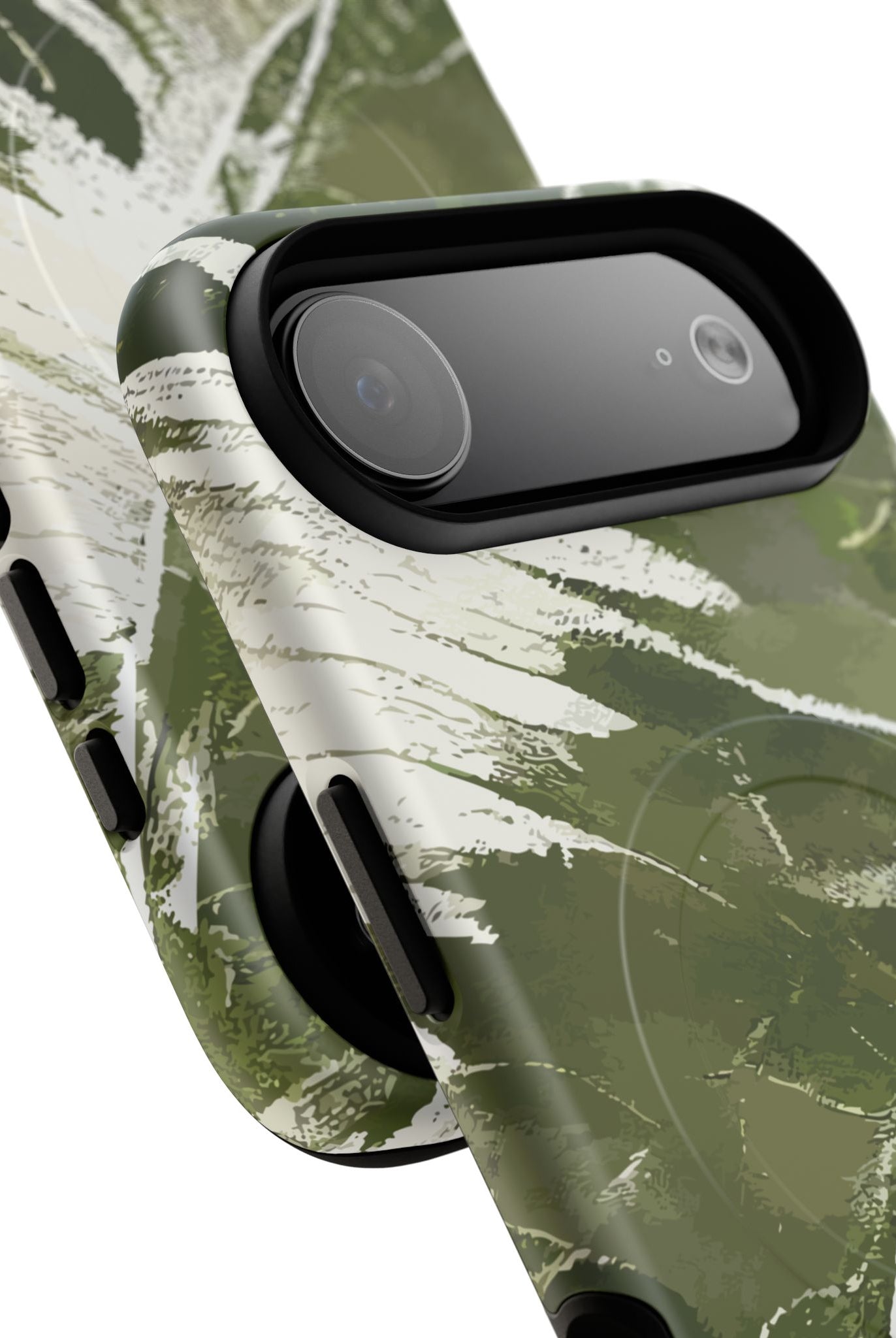 Woman holding Island Breeze MagSafe iPhone Case - Hawaiian Palm Leaf Olive Green Botanical Design - The Local Banyan
