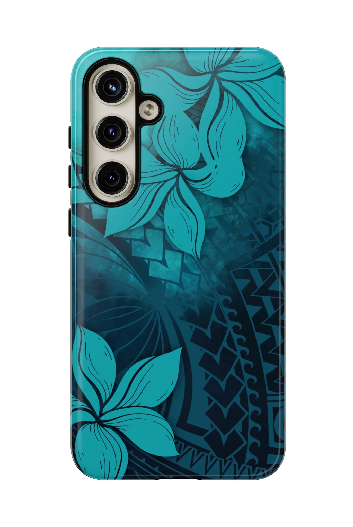 Woman holding Moana Bloom Tough Samsung Galaxy Case - Hawaiian Teal Plumeria Ocean Tribal Design - The Local Banyan