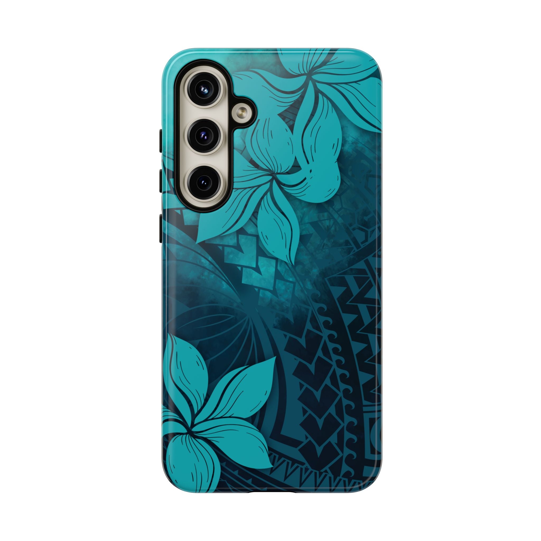 Woman holding Moana Bloom Tough Samsung Galaxy Case - Hawaiian Teal Plumeria Ocean Tribal Design - The Local Banyan