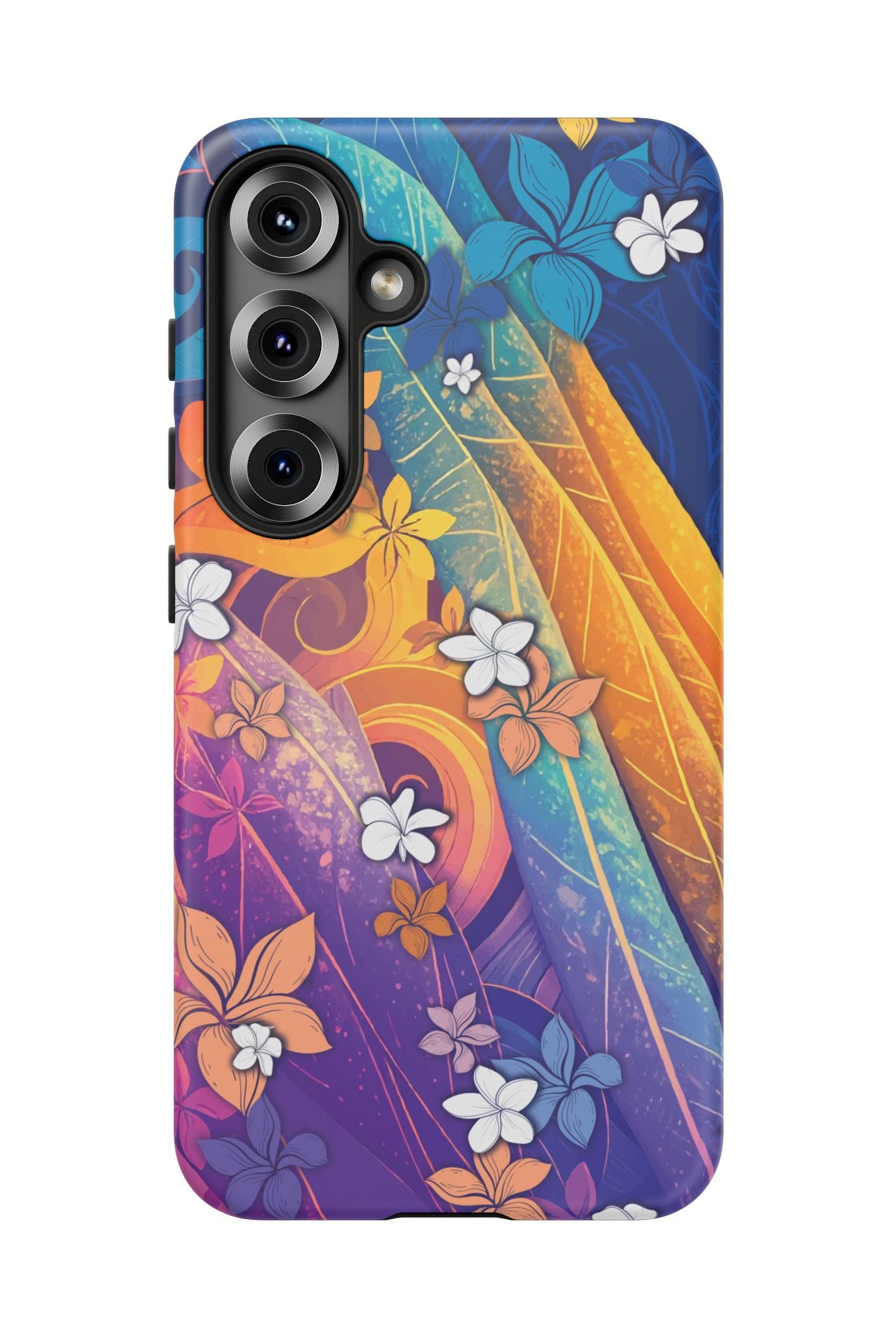 Woman holding Mauna Sunrise Tough Samsung Galaxy Case - Hawaiian Colorful Sunrise Plumeria Design - The Local Banyan