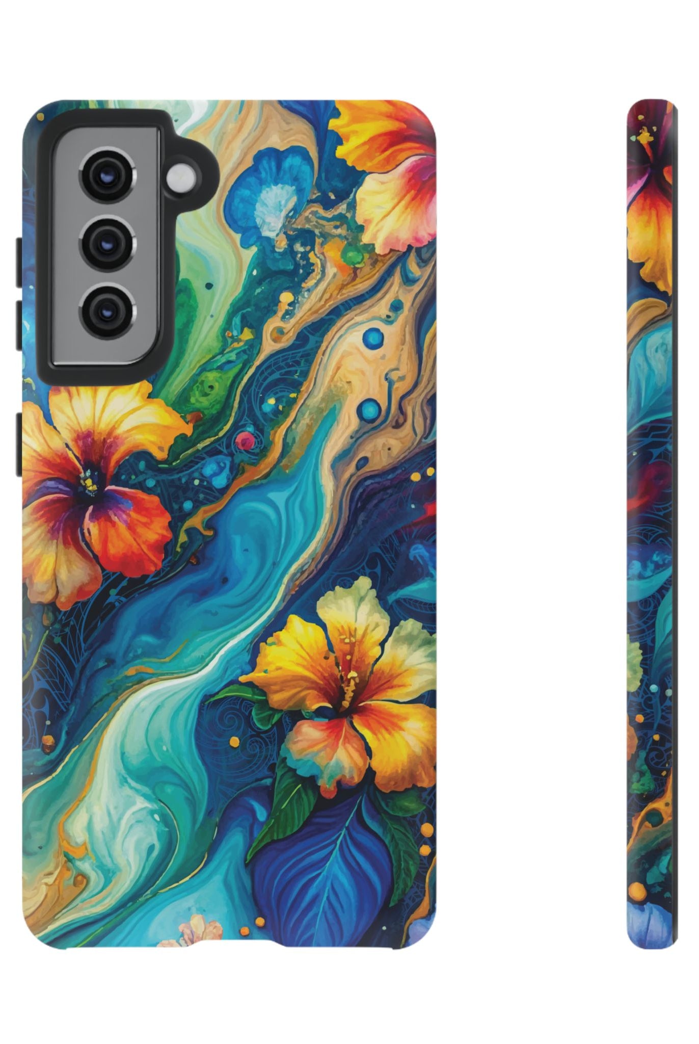 Aloalo Drift Tough Samsung Galaxy Case Samsung Galaxy S21 Matte - Hawaiian Hibiscus Teal Ocean Wave Design - The Local Banyan